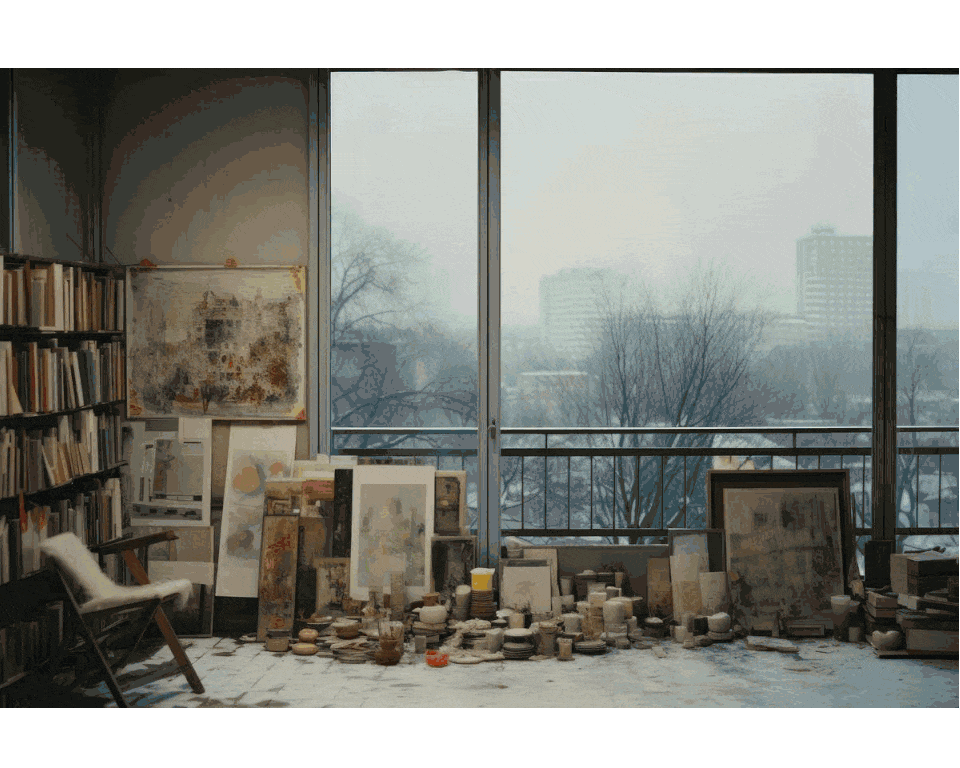 Interior of an art studio with paintings, art supplies, and books, featuring large windows overlooking a cityscape with trees and buildings.