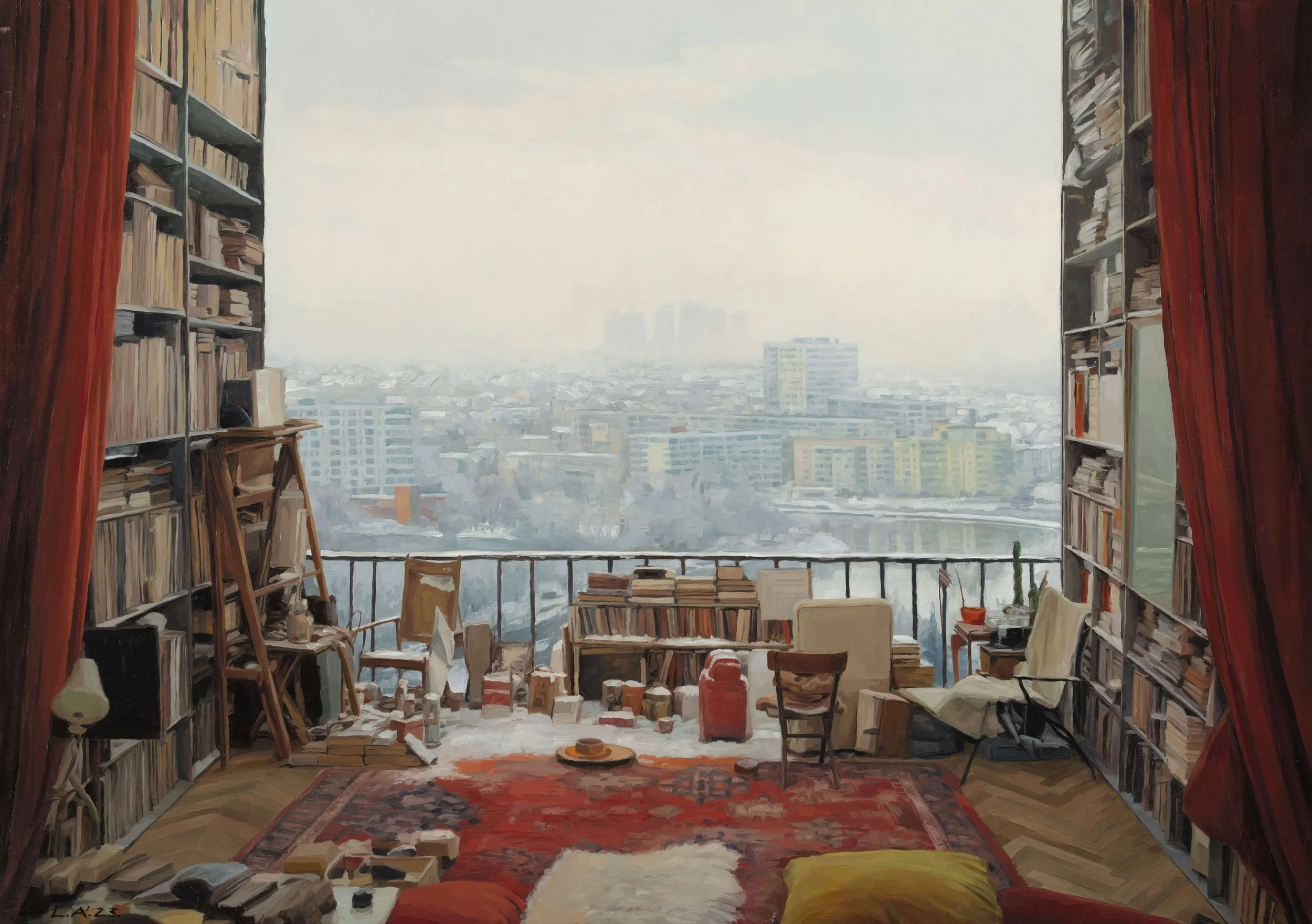 A cozy city apartment with bookshelves on both sides, a balcony with a view of a foggy cityscape, and rustic furniture including chairs, a rug, and various items scattered around.
