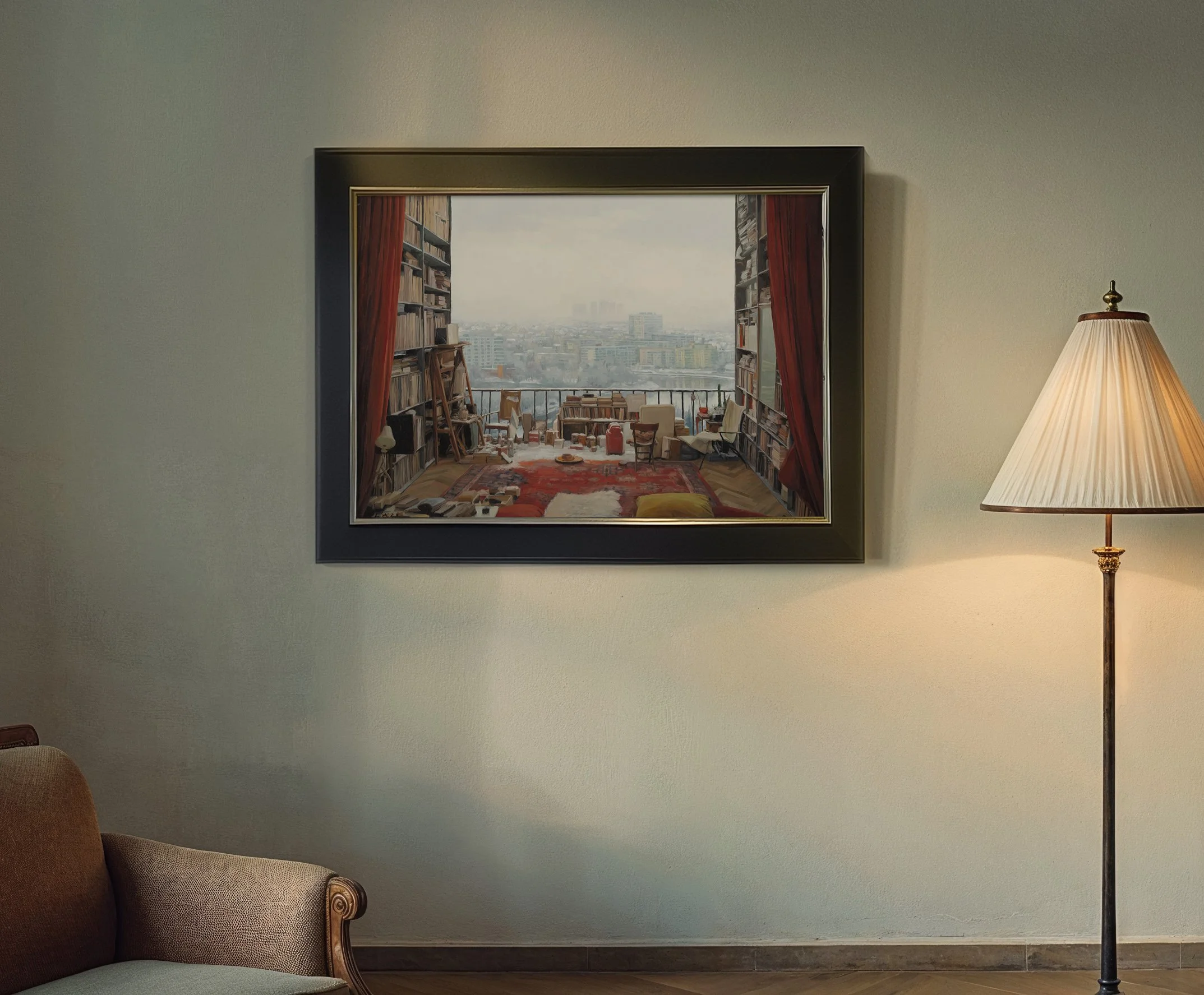 Painting of a cluttered balcony with bookshelves, chairs, and a city view