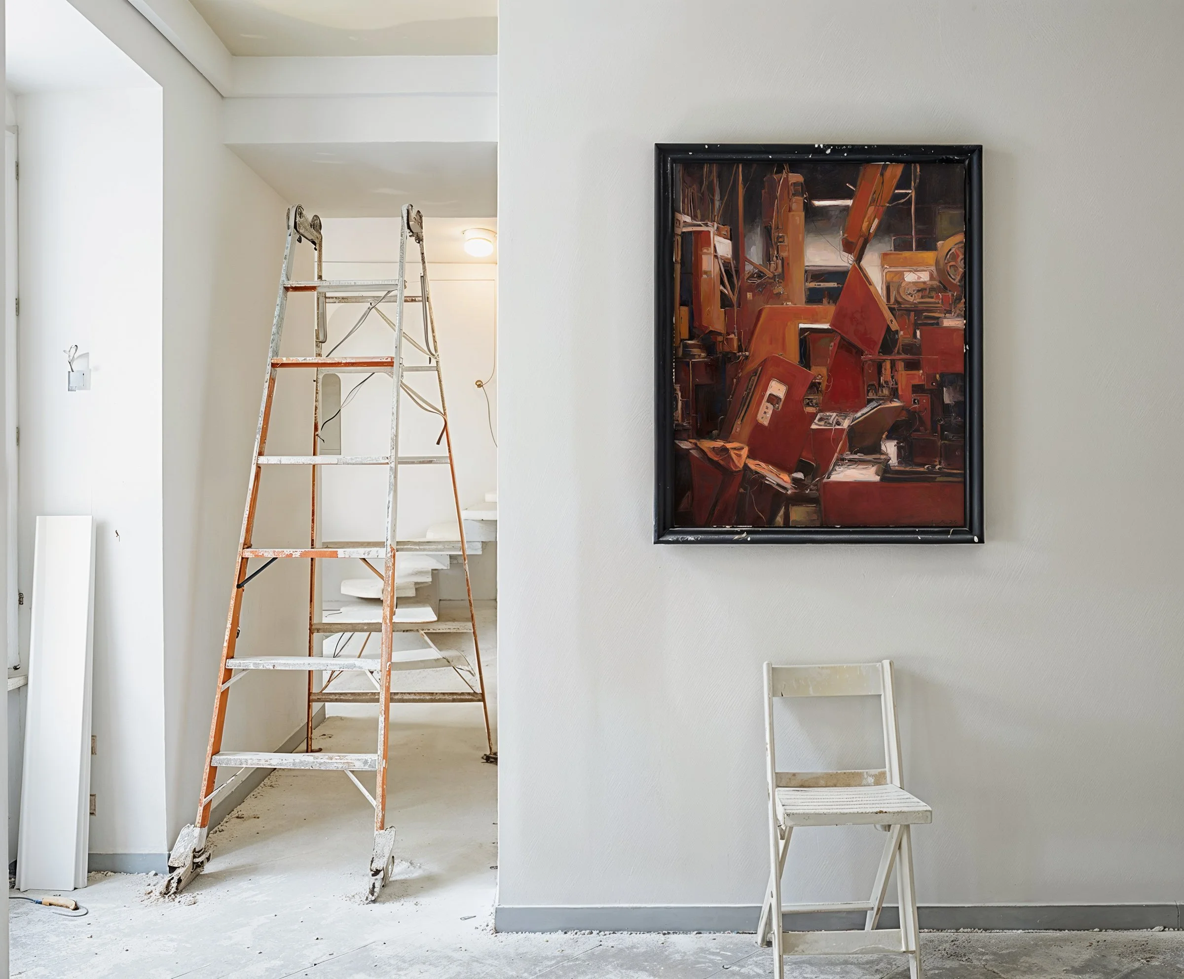 Interior of a room under renovation with a stepladder, a small white chair, a painting on the wall, and construction materials on the floor.