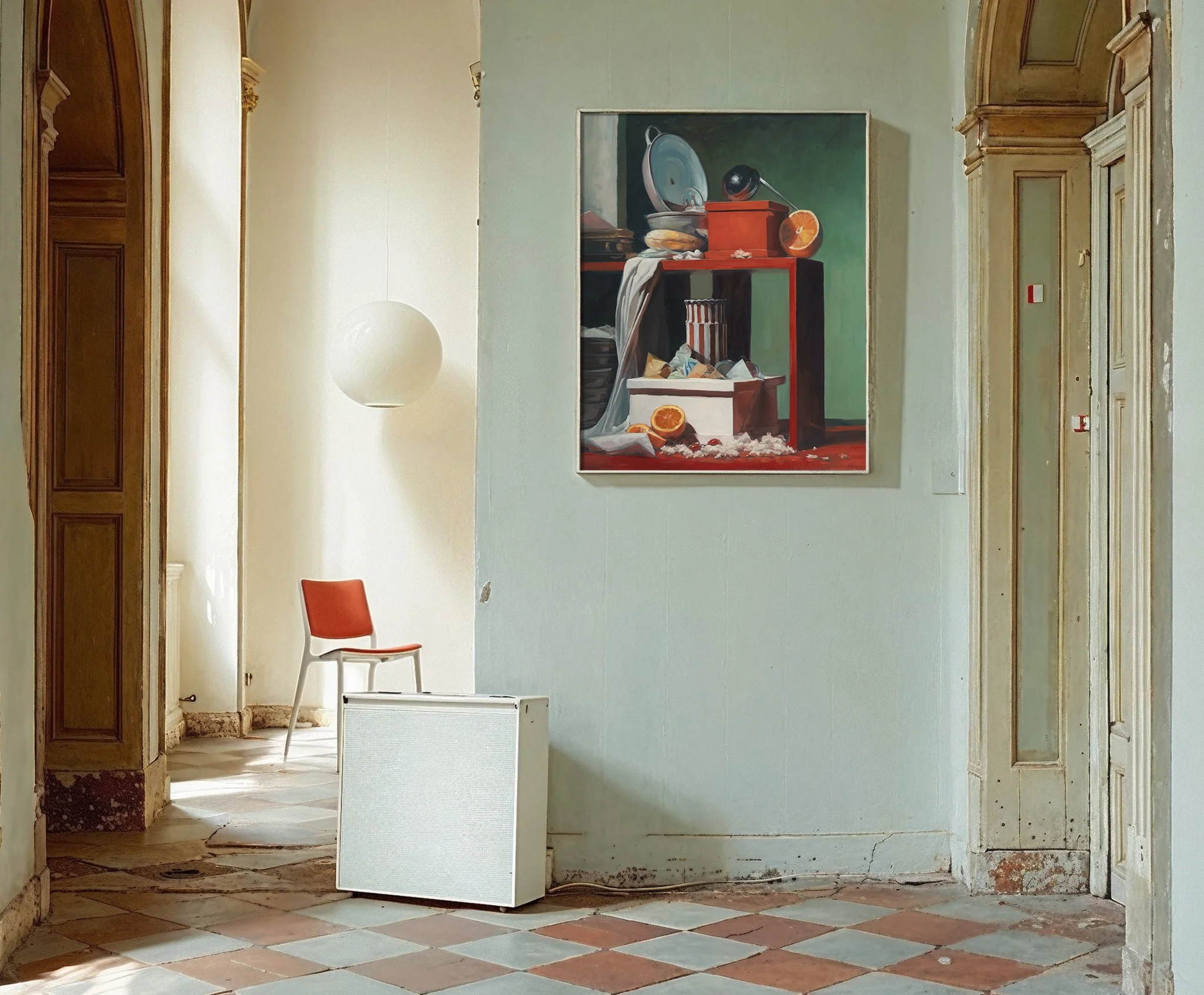 Interior view of an old building with peeling paint, a red chair, a white speaker on the floor, a white pendant light, and a painting of a still life with oranges hanging on the wall.