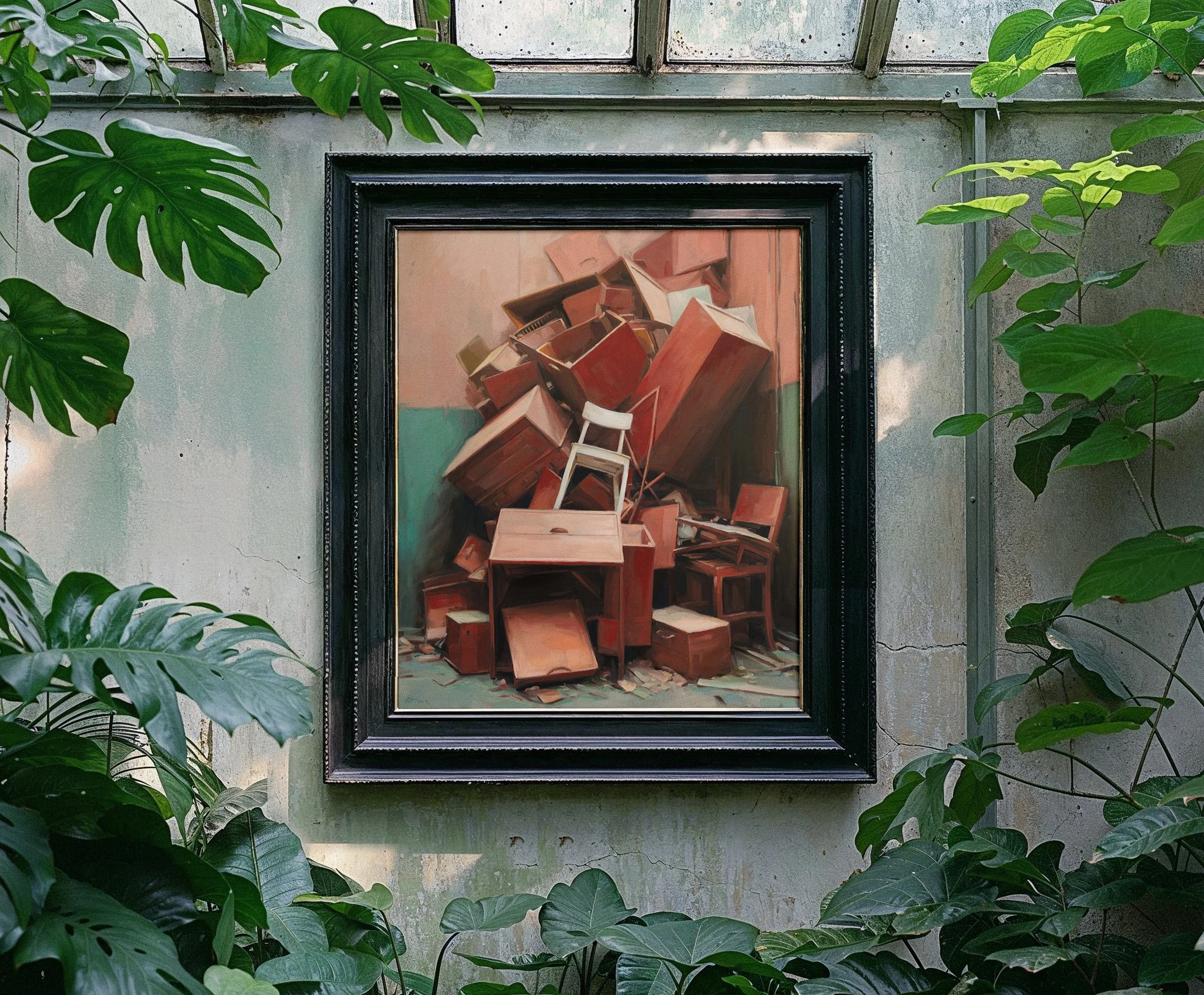 A framed painting depicting a pile of wooden chairs and furniture in warm tones, hung on a concrete wall surrounded by green tropical leaves.