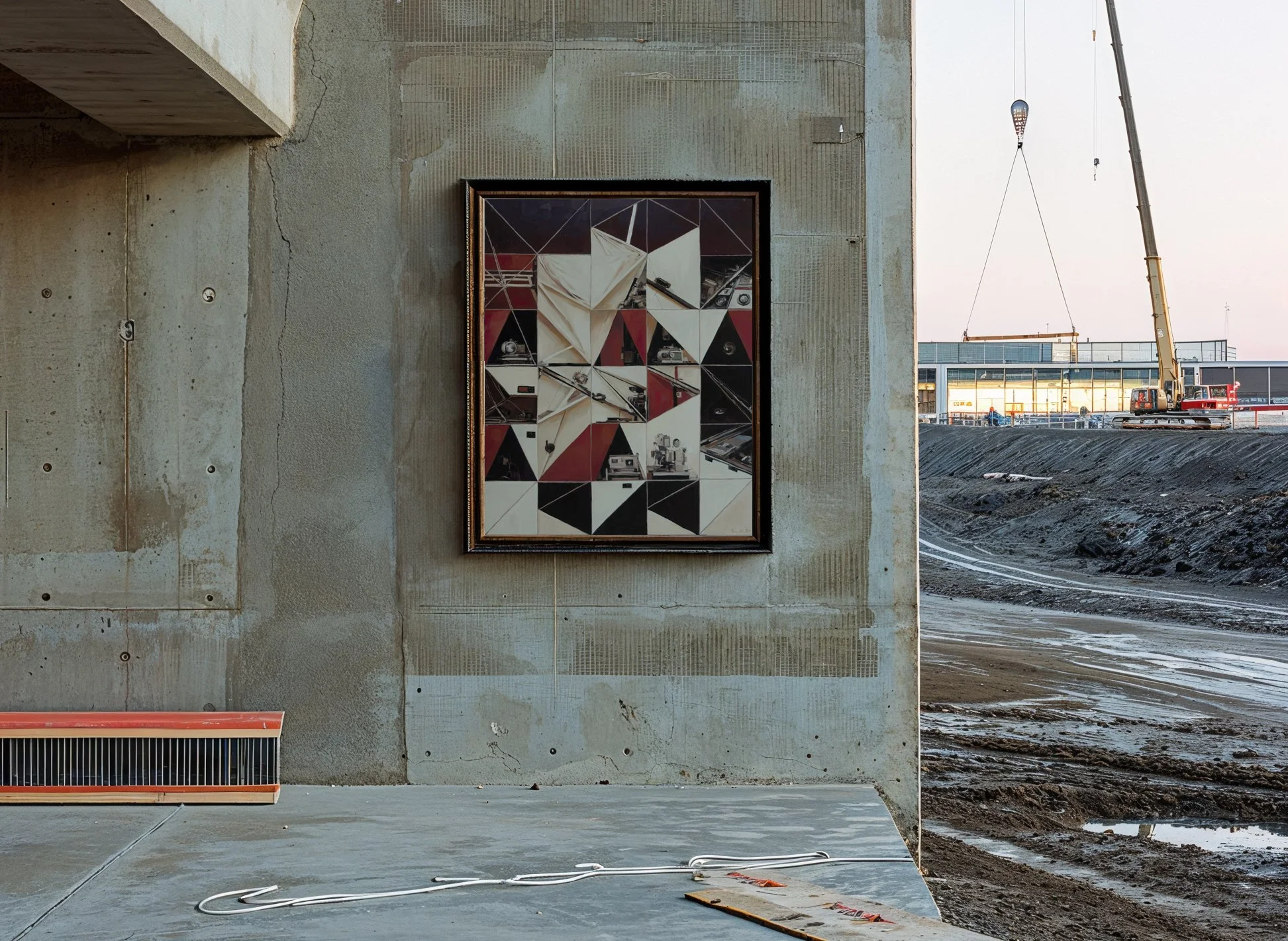 Interior of a building under construction with a framed abstract artwork on a concrete wall, a heater below, construction tools and materials on the floor, and a construction site visible through an opening on the right side with a crane and building