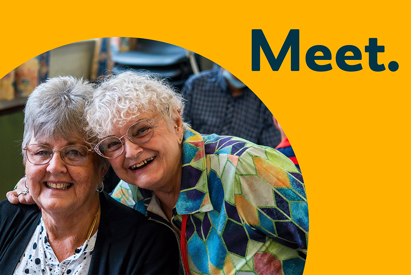 Three moving images for the charity Open Age. Two older women are smiling for a photo, with the word ‘Meet’ overlaid. An older Asian woman Hula-Hooping, with the word ‘Move’ overlaid. Two older men chatting over a cup of tea, with 'Learn' overlaid.