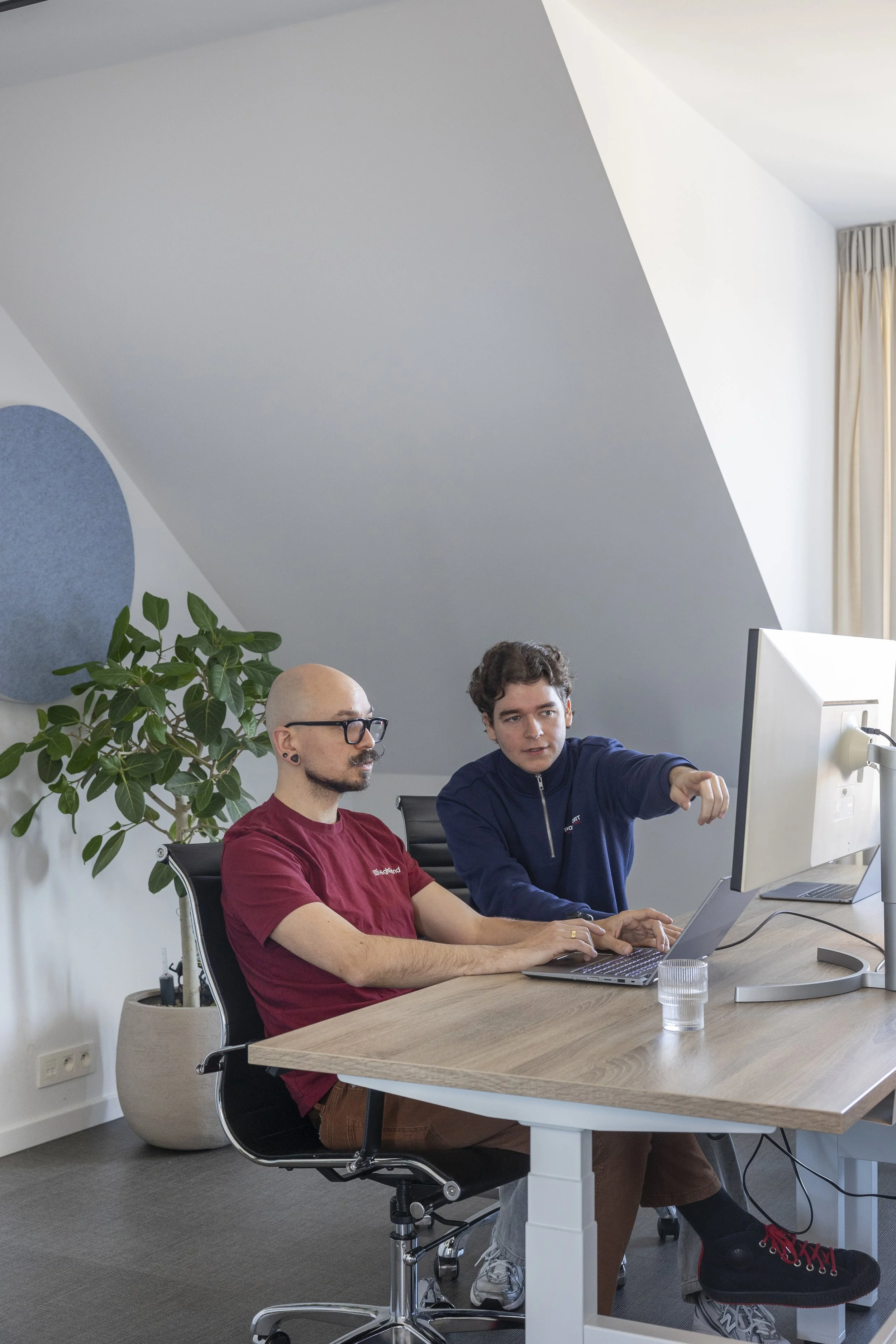 Twee mannen werken samen aan een computer in een moderne kantoorruimte, met een grote groene plant op de achtergrond en natuurlijke lichtinval.