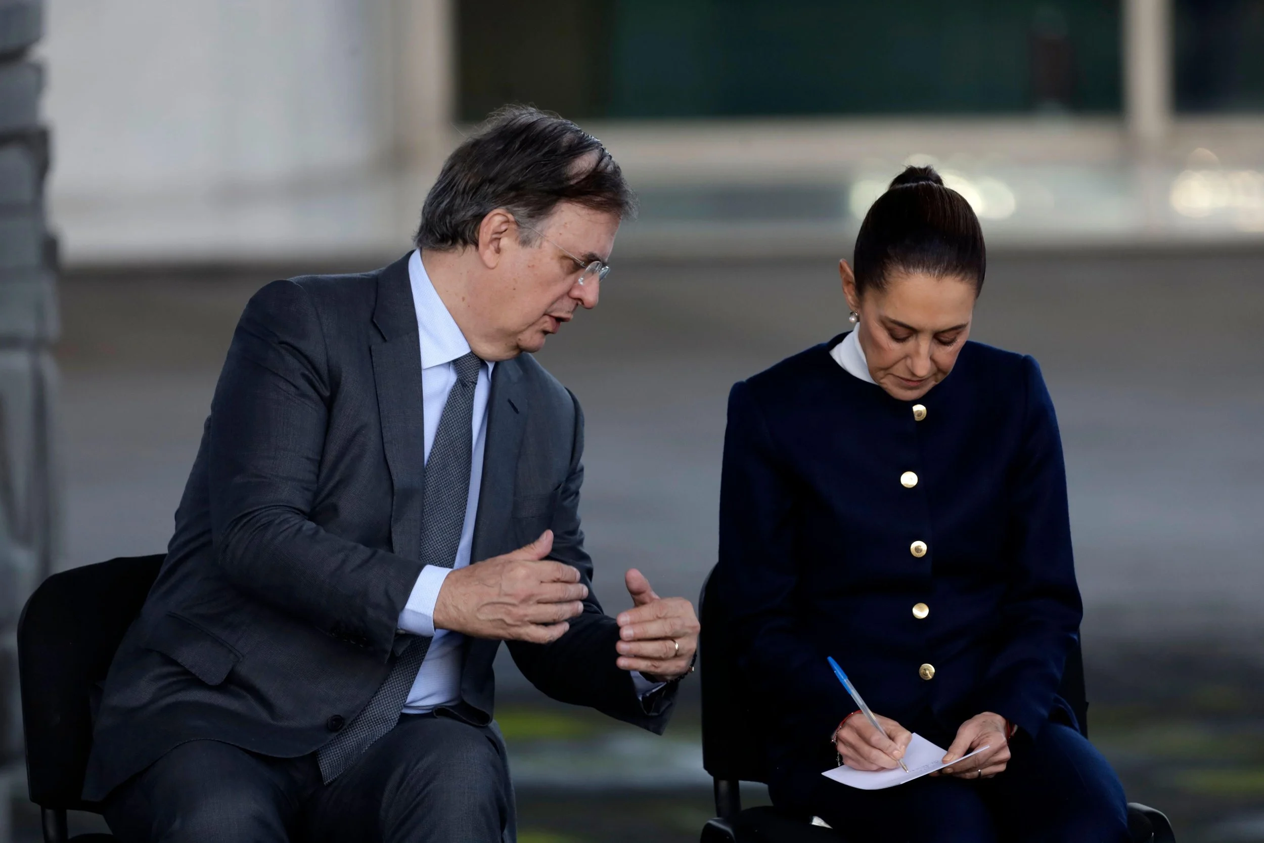 Mexican President Claudia Sheinbaum with Mexico's Economy Secretary Marcelo Ebrard in a news conference