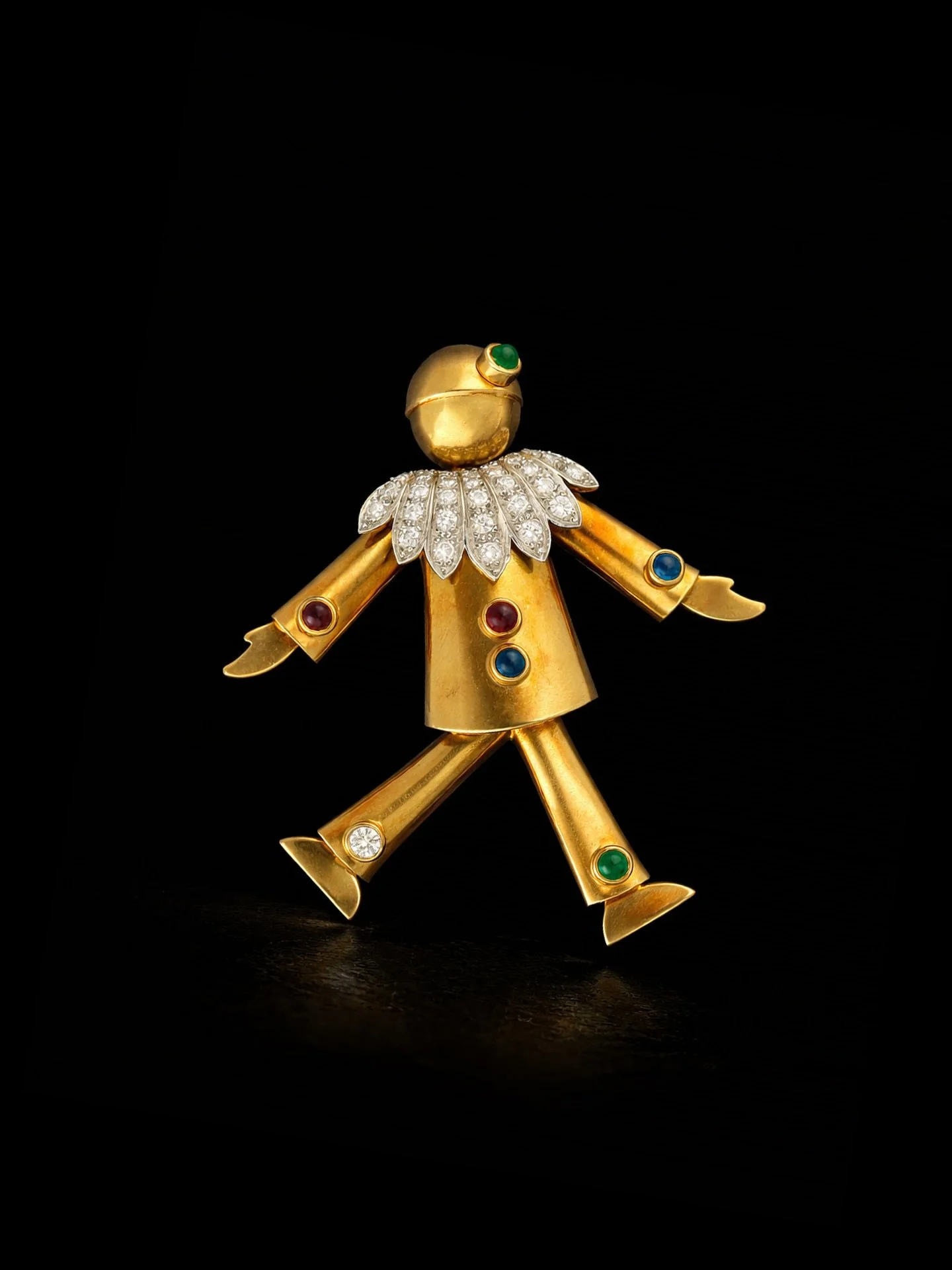 SOLD - MID 20TH CENTURY EMERALD, SAPPHIRE, RUBY &amp; DIAMOND CLOWN BROOCH &amp; PENDANT BY WOLFERS

Set with cabochon shaped emeralds, sapphires, rubies &amp; round brilliant cut diamonds. Diamonds are bright &amp; lively. Emeralds, sapphires &amp; 