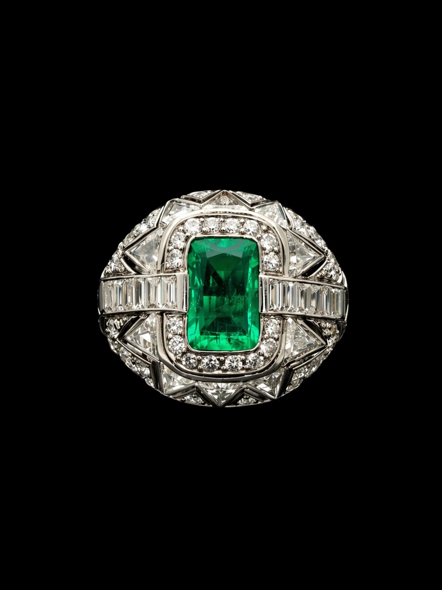 ART DECO COLOMBIAN EMERALD &amp; DIAMOND D&Ocirc;ME RING

Set with a cushion cut Colombian emerald, moderate oil. Estimated emerald weight 2.00 carats. Surrounded by baguette, trillion and round cut diamonds. Diamonds are bright and lively. Mounted i