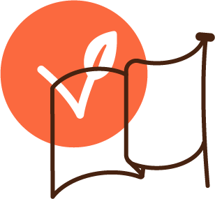 Drawing of a manuscript with a checkmark inside a red circle in the background.