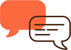 Two speech bubbles, one orange and one white with a brown outline, overlapping each other.