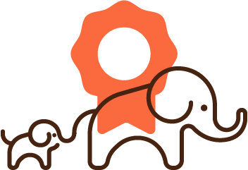 Cute illustration of two elephants, one large and one small, with a large orange gear behind them.