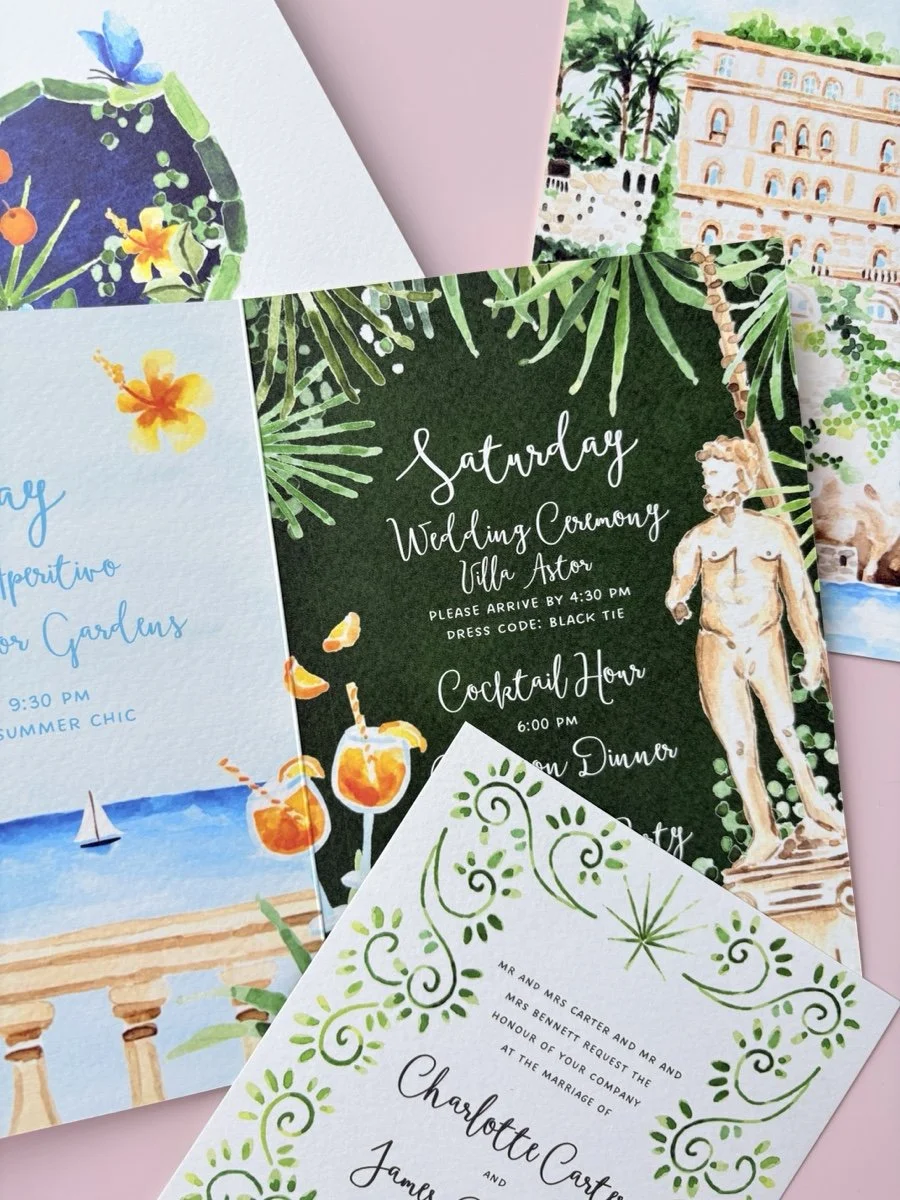 talian folded wedding invitation suite with hand-painted leafy landscapes