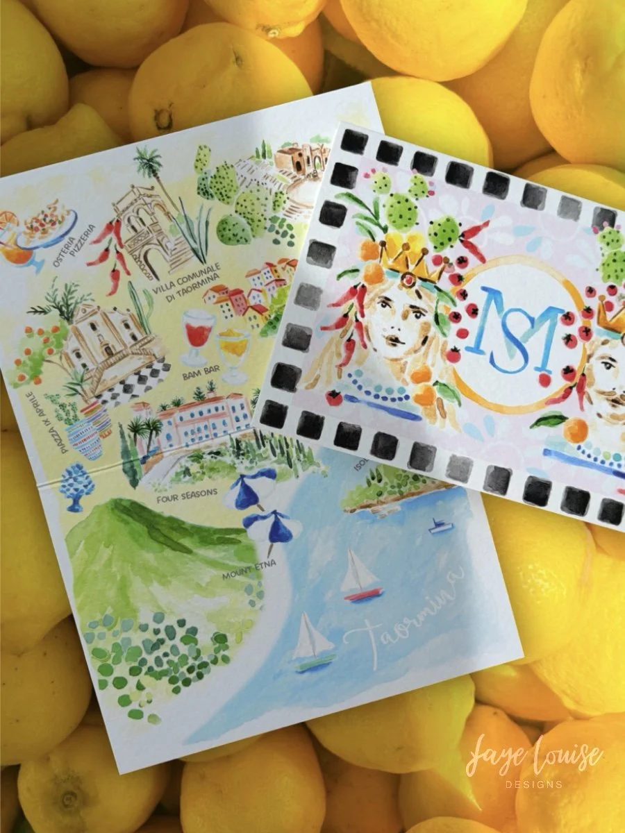 Sicily folded wedding invitation suite with illustrated map cover