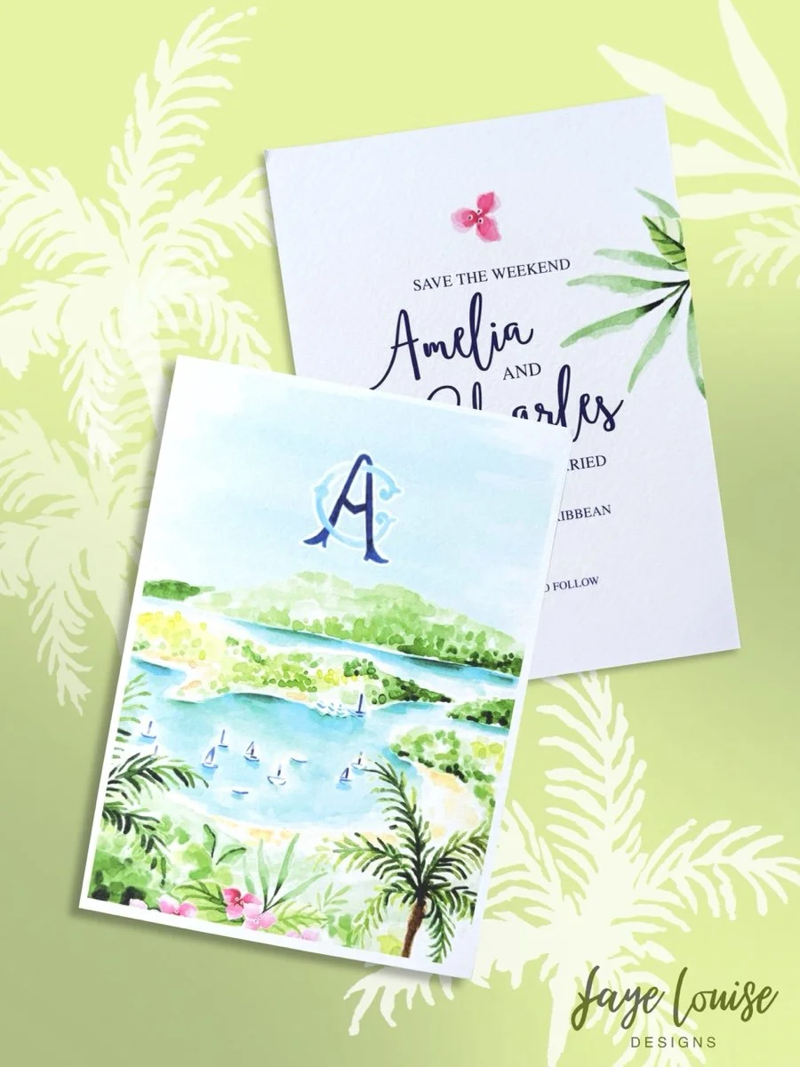 Antigua save the date with tropical landscape, boats and blue waters