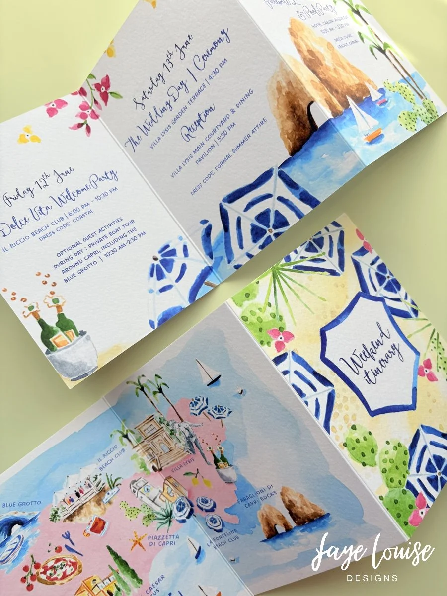 Capri tri-fold wedding itinerary with hand-painted destination illustrations