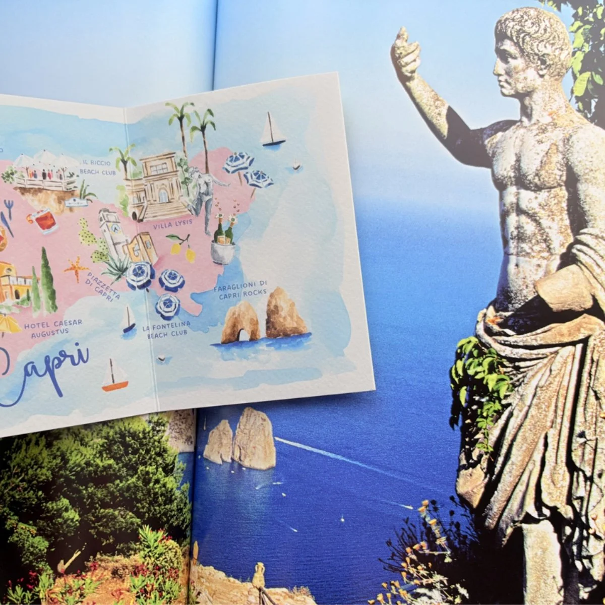Hand-painted Capri wedding map for destination wedding stationery suite