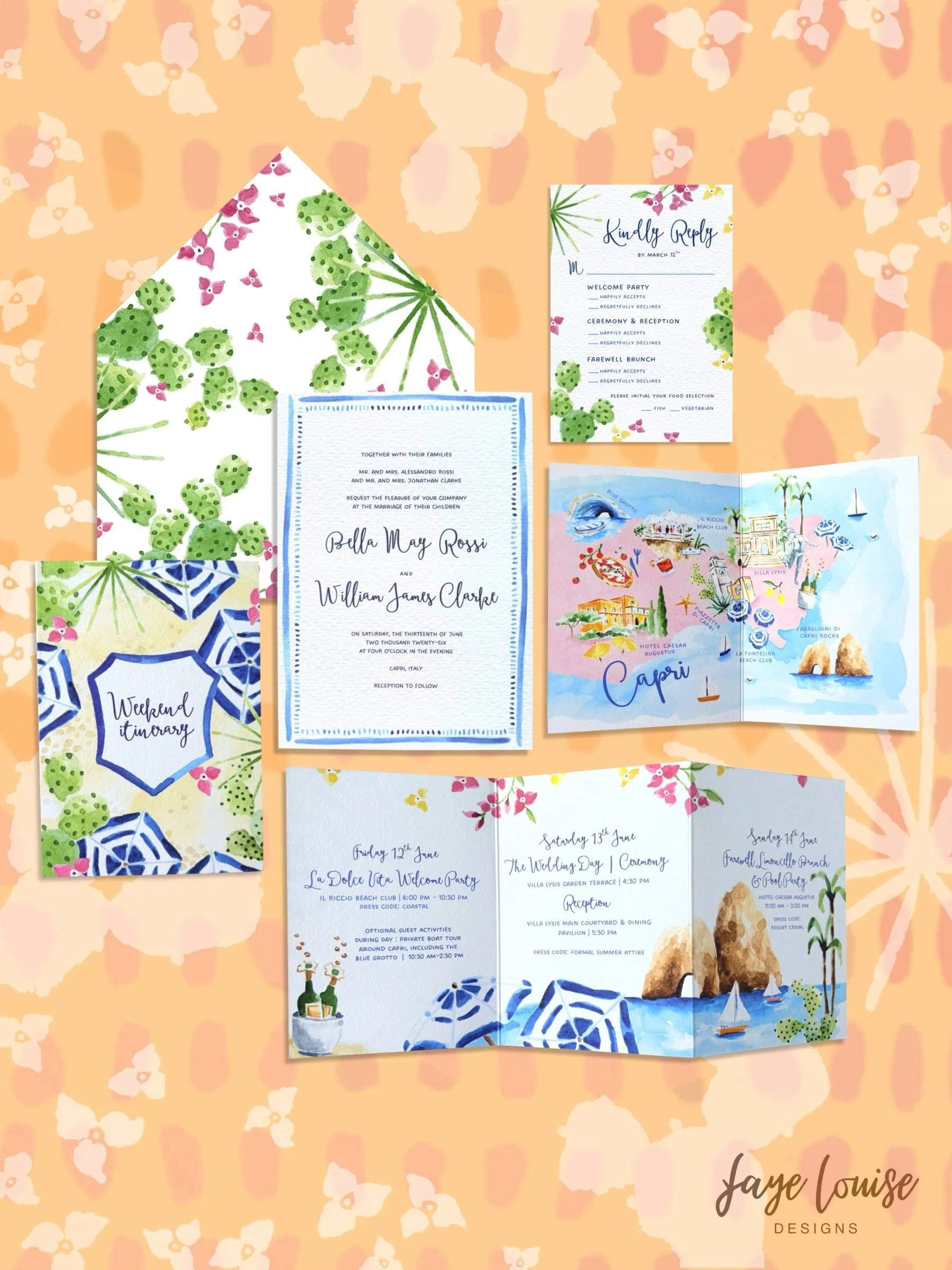 Capri wedding invitation suite flat lay with luxury stationery details