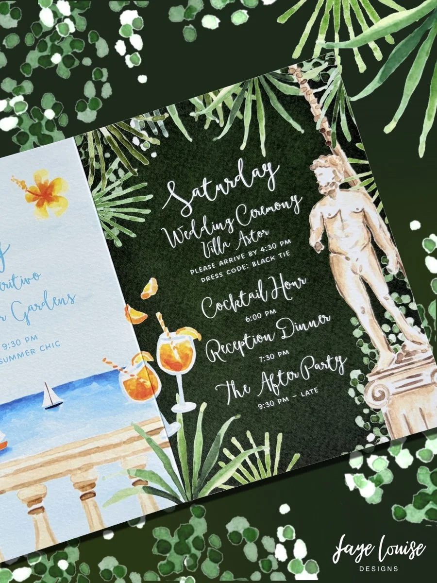 Close-up of Italian folded wedding invitation with scenic painted details