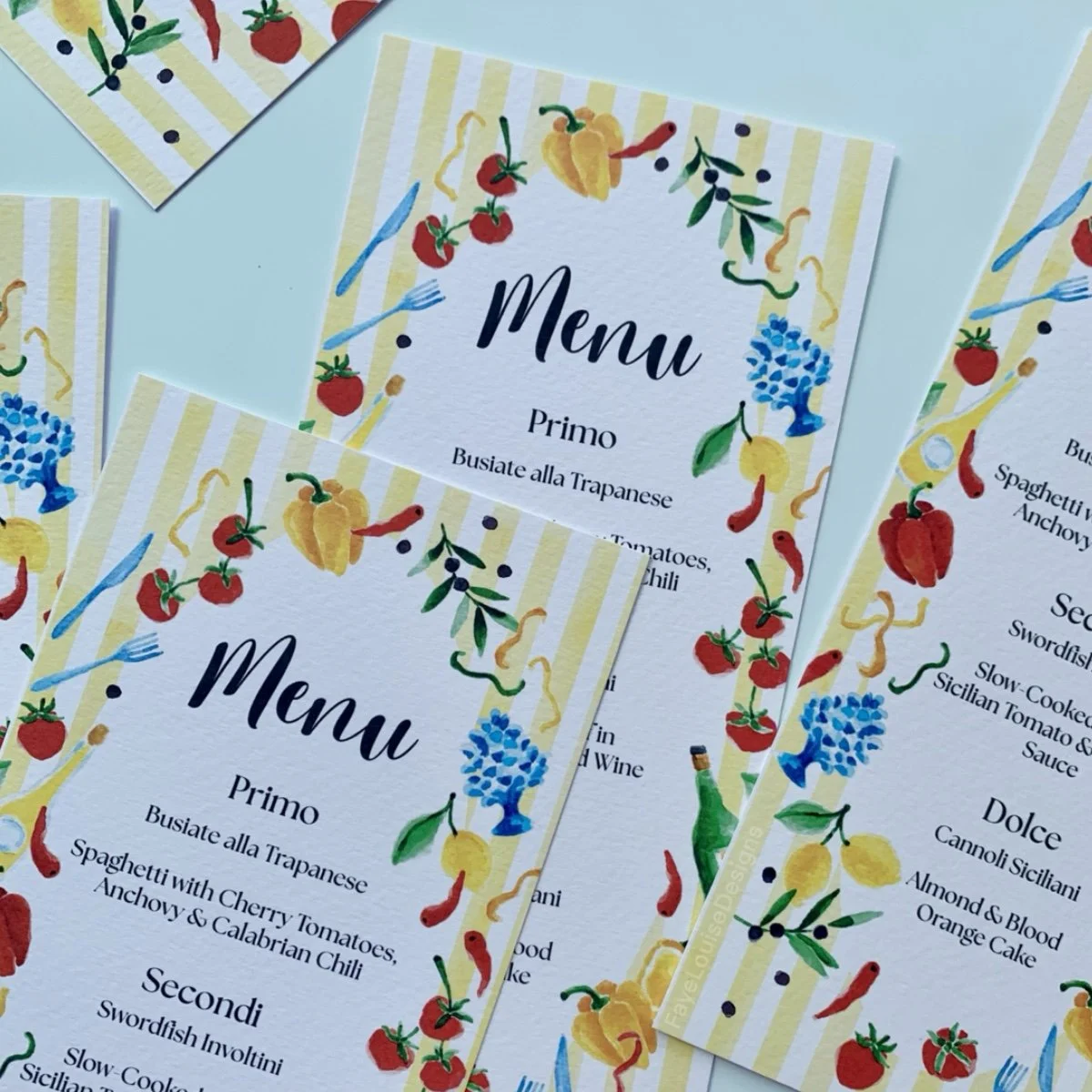 Yellow stripe wedding menu with hand-painted food illustration border