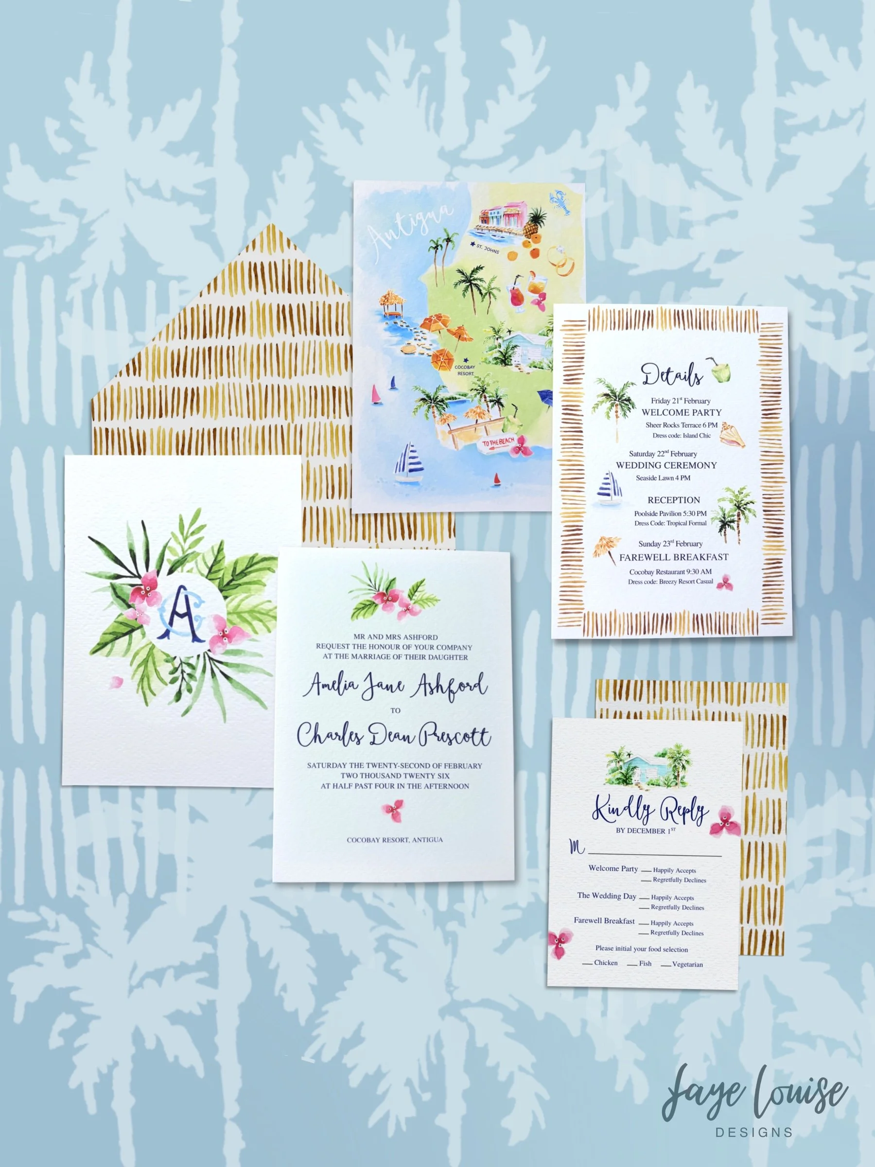 Antigua wedding invitation suite flat lay with luxury stationery details
