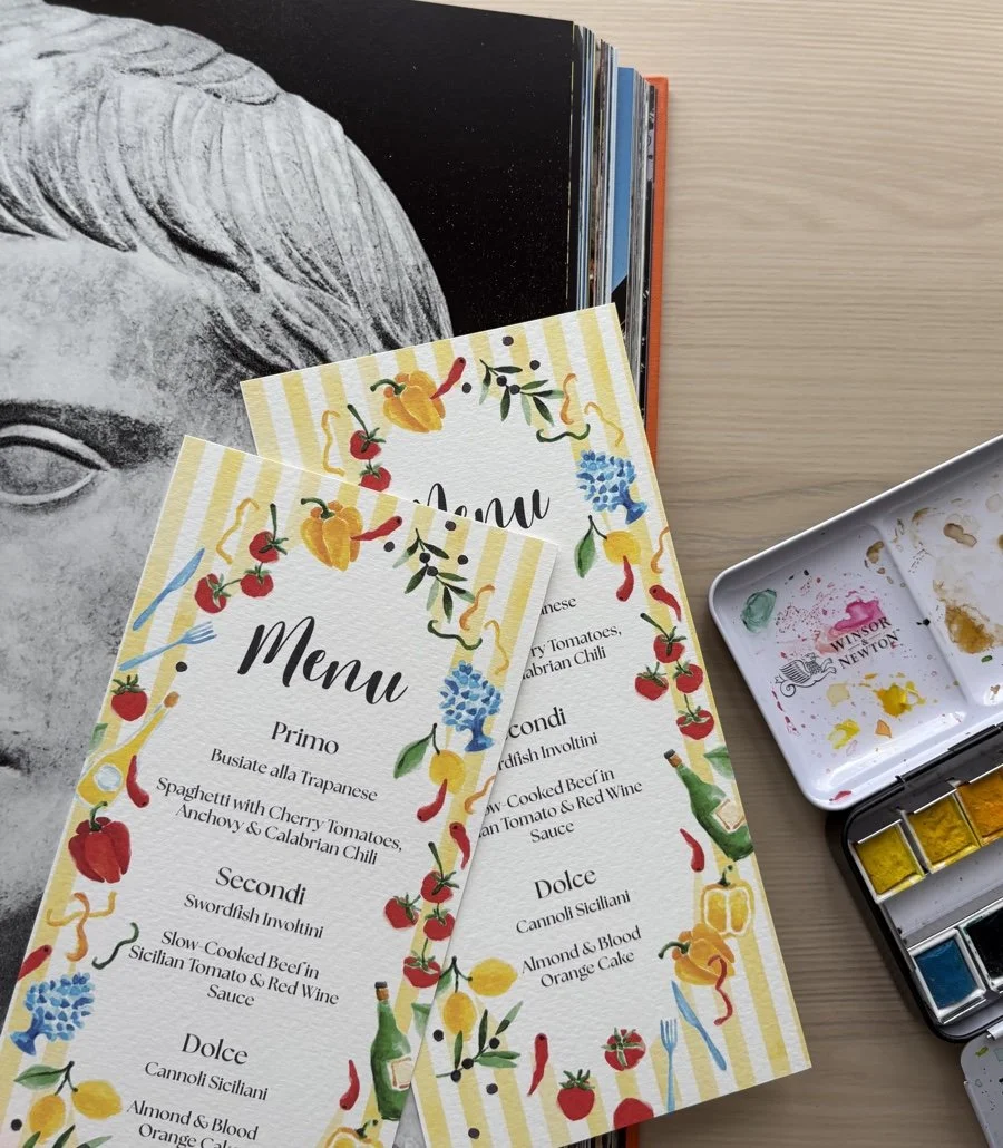 Yellow stripe wedding menu with hand-painted food illustration border