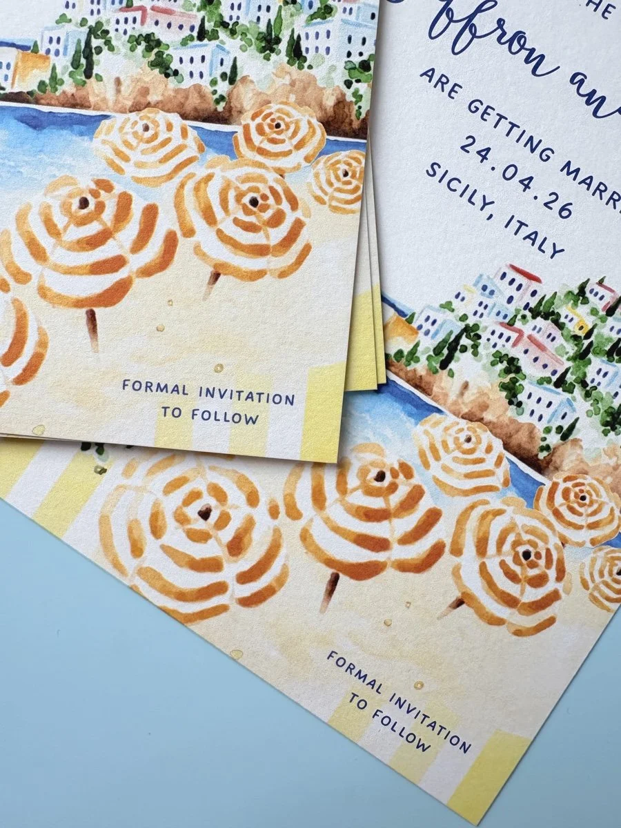Sicily save the date with yellow stripes, parasols and sea views