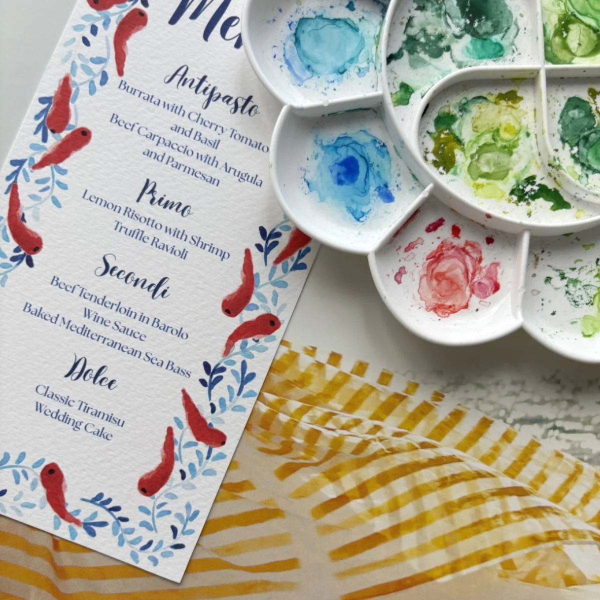 Blue swirl wedding menu with hand-painted pepper illustration border