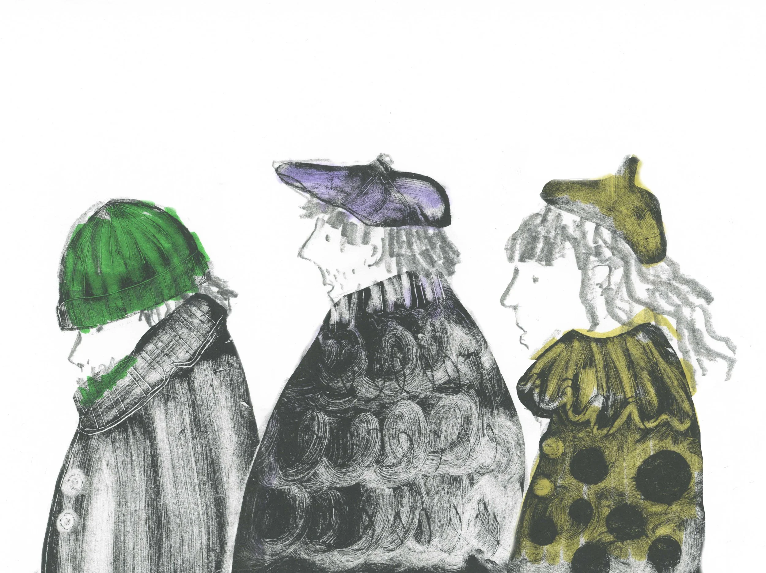 “Queing” Handprinted Original Illustration