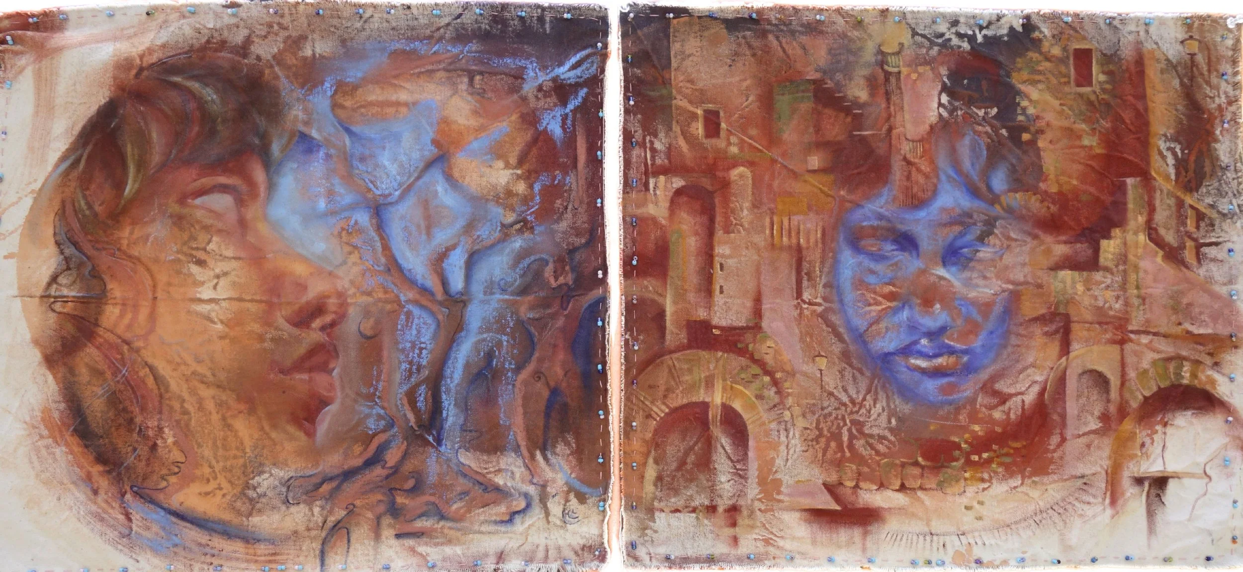 Ciao / Chokma・Acrylic, soft pastel, oil, oil stick, thread and beads on raw canvas・30 x 20 in・diptych・2024