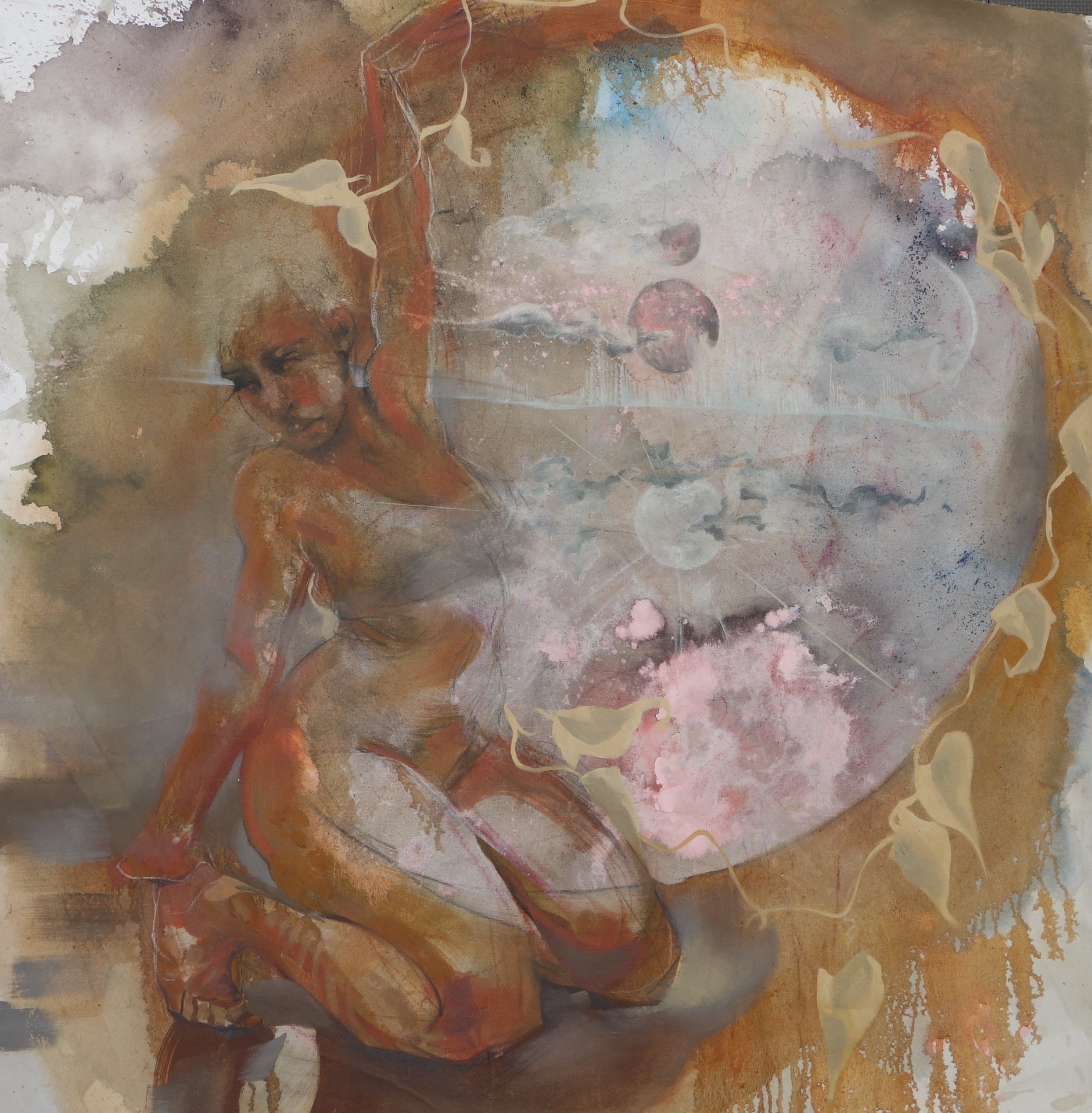 Girl, Woman, Portal ・Onion skin and hibiscus stain, ink, acrylic, soft pastel, colored pencil, oil, oil stick, thread and beads on canvas ・