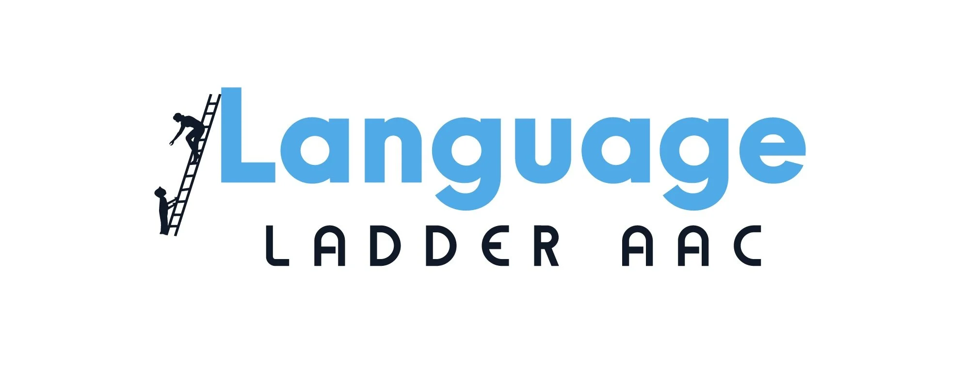 company logo.  In outline adult extending hand down from top of ladder to child waiting at the bottom.  Text reads Language Ladder AAC