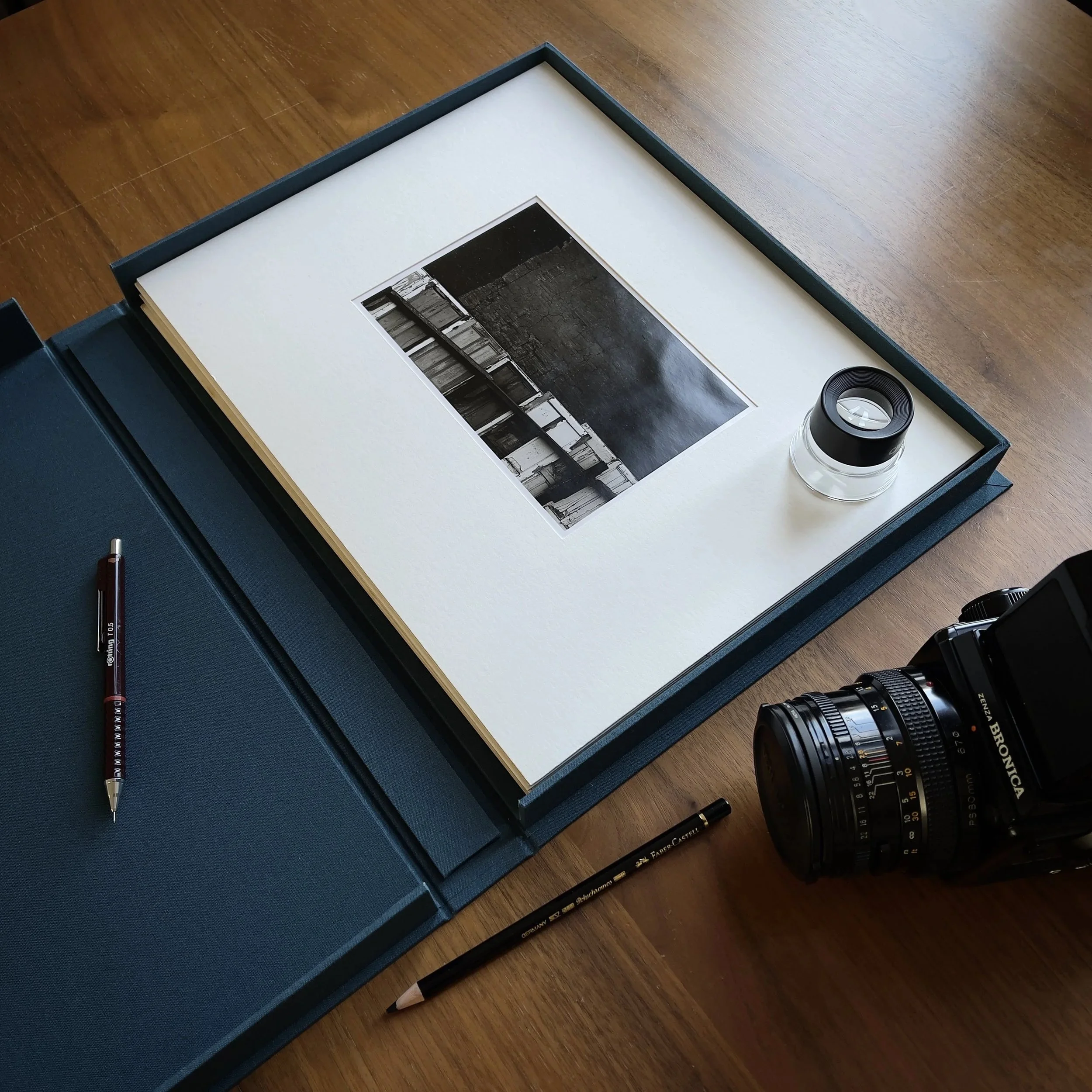 Custom clamshell box. Photography portfolio. Print box. Handmade. Teal. Bronica.