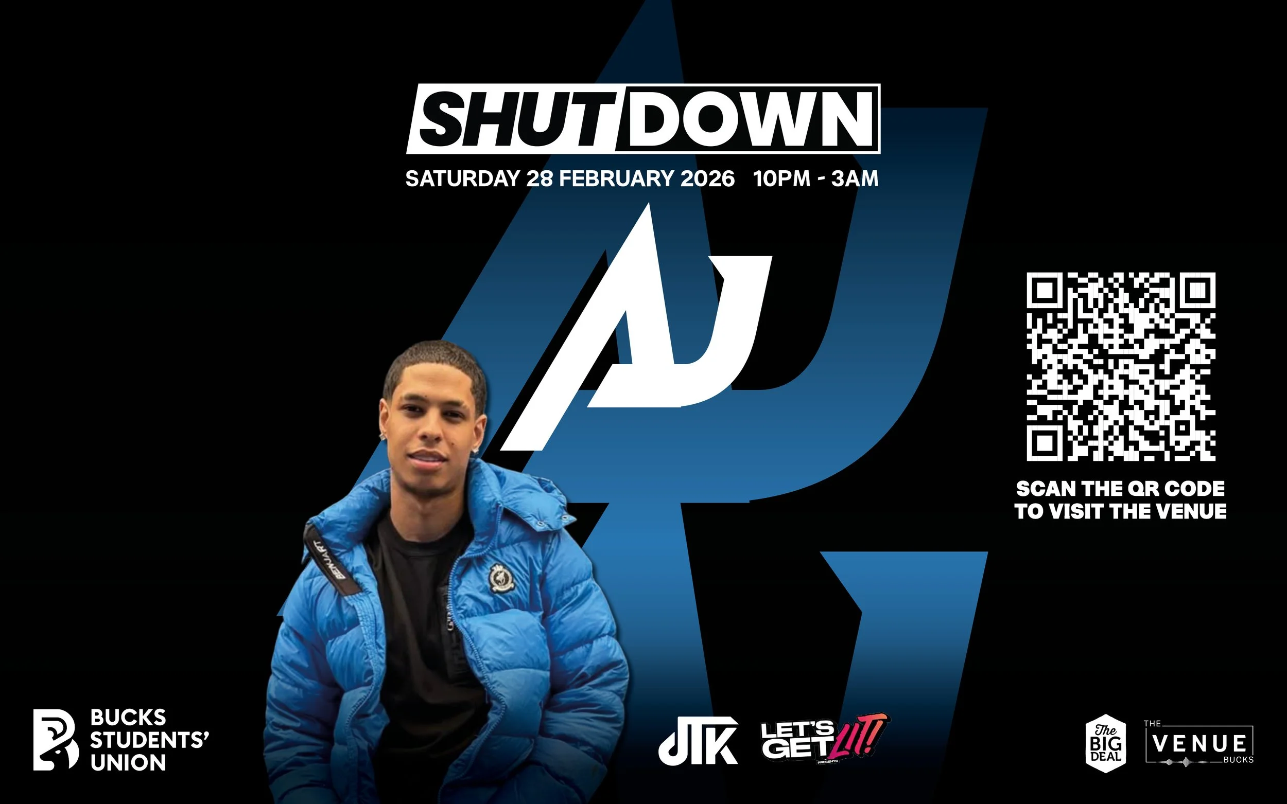 Event poster for a shutdown party on February 28, 2026, from 10 PM to 3 AM, featuring a young man in a blue jacket, with QR code and logos for Bucks Students' Union and other organizations.