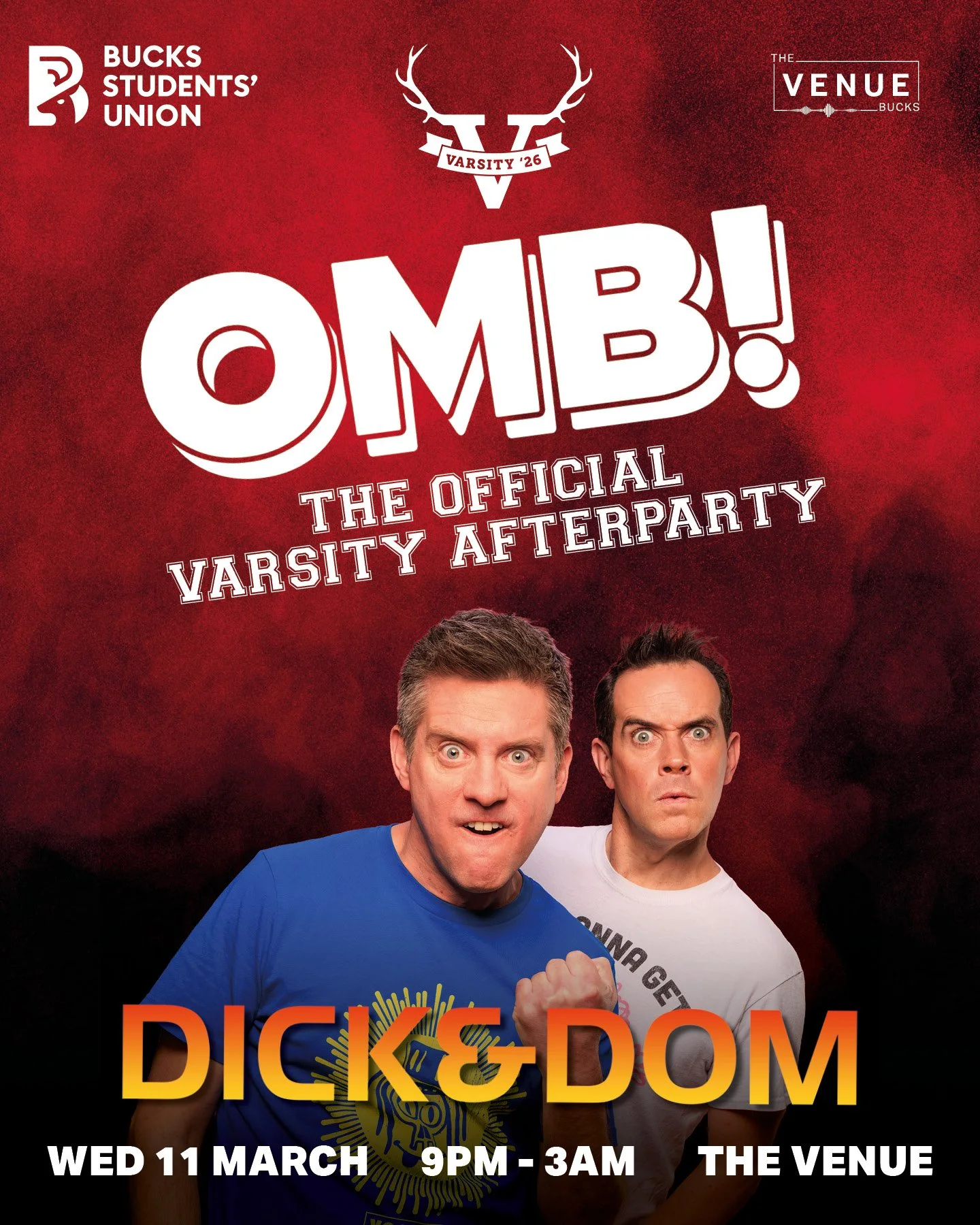 Colorful flyer promoting a night event with cartoon characters holding food items and making peace signs. Includes a drink with a straw, a box of French fries, and a smiling burger. Text highlights free McDonald's cheeseburgers and chicken nuggets, date Wednesday 26th November, time 10 PM to 3 AM, at The Venue. Logo of Bucks Students' Union at top left.