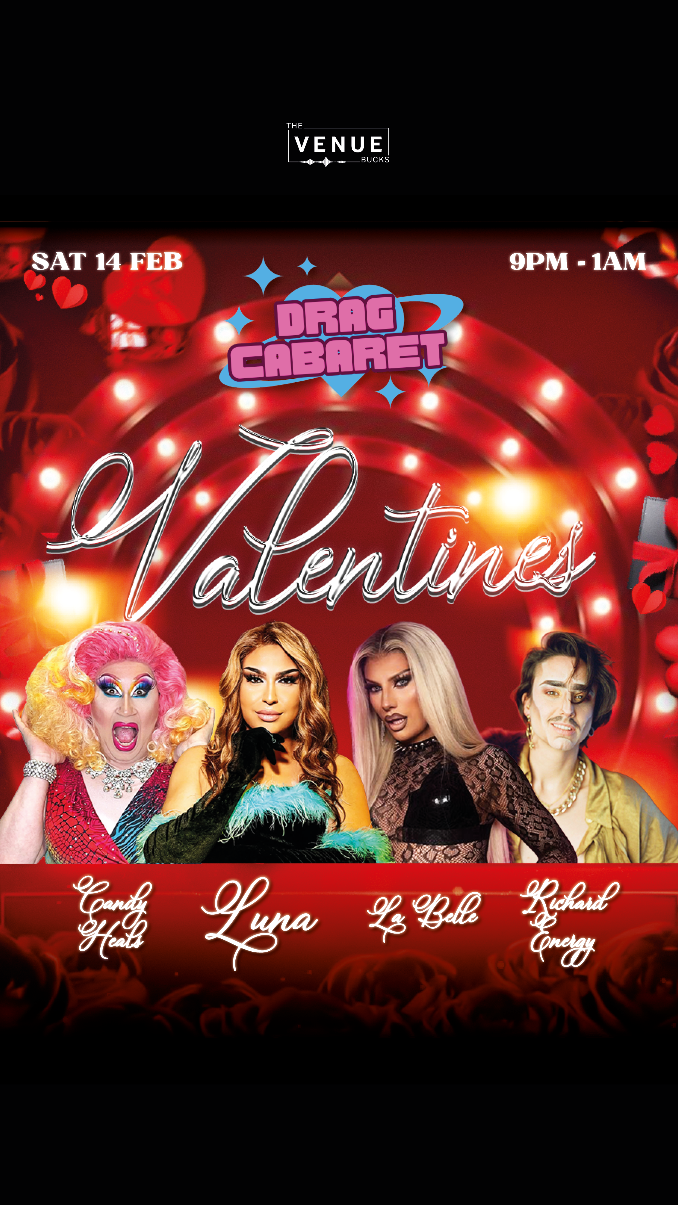 Promotional poster for a drag cabaret Valentine's Day event, featuring four drag performers and event details including date, time, and location.