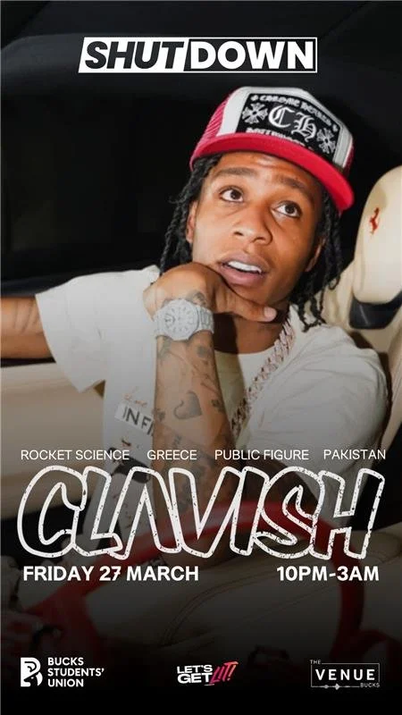 Promotional poster featuring a young man with dreadlocks and tattoos, wearing a white shirt, red and black cap, and a watch, sitting inside a car, with event details and campaign messages in the background.