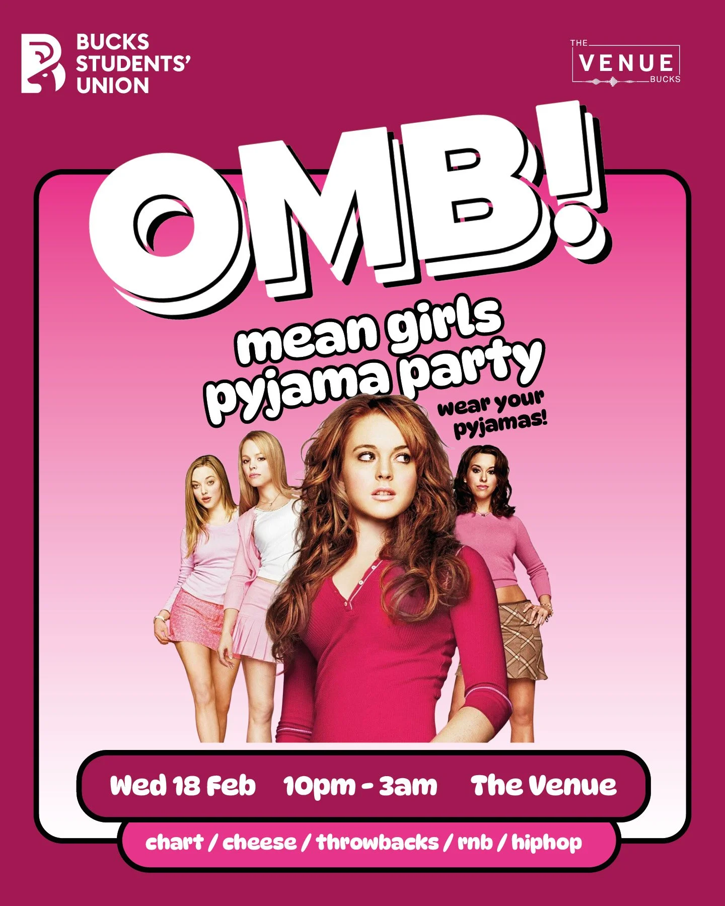 An advertisement for a New Year's Eve celebration organized by Bucks Students' Union at The Venue. The poster features gold and white balloons, sparklers, and a disco ball, with a gold and black background. It mentions that there will be a free glass of Prosecco for the first 100 people, and the event is scheduled for Wednesday, January 14, from 10 PM to 3 AM.