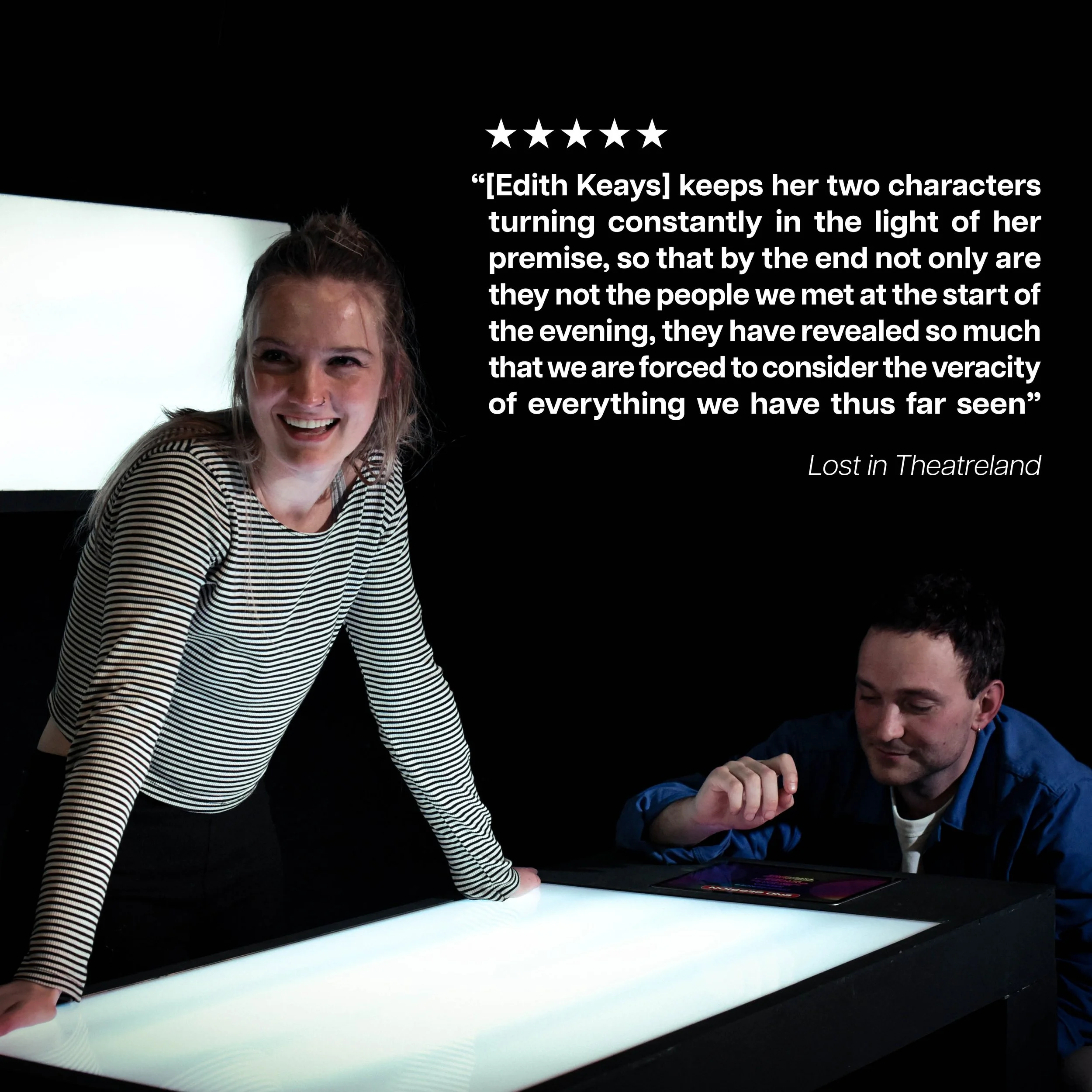Two people in a dark room, one woman smiling and leaning on a lit table, and a man sitting nearby looking at a portable device, with a quote from Edith Keays about their characters in a play.