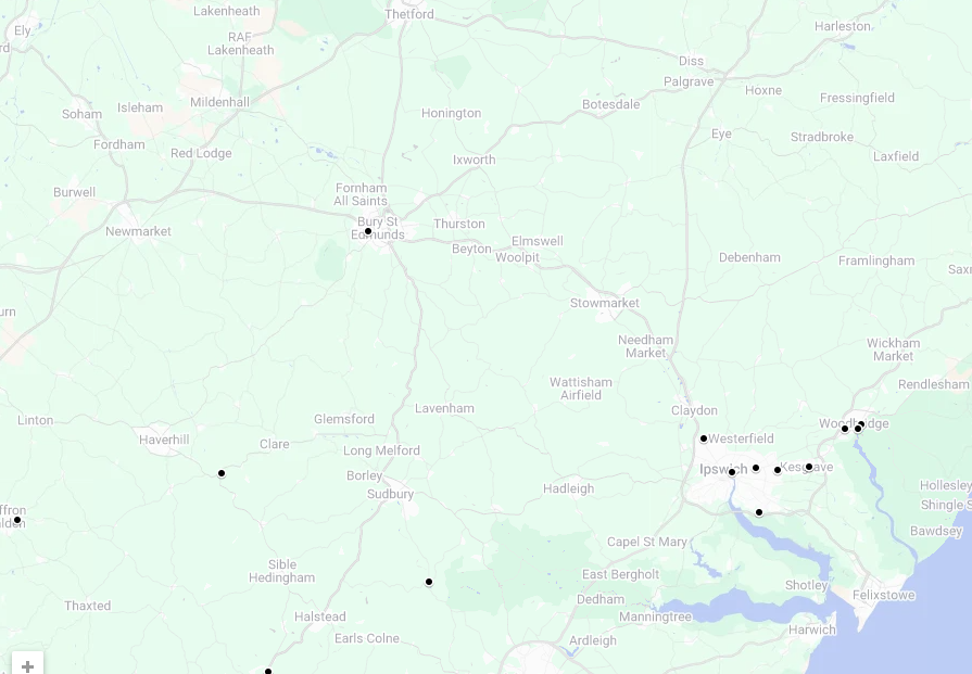 Party wall projects completed in Suffolk, shown in a map format, with dots highlighting party wall project completions