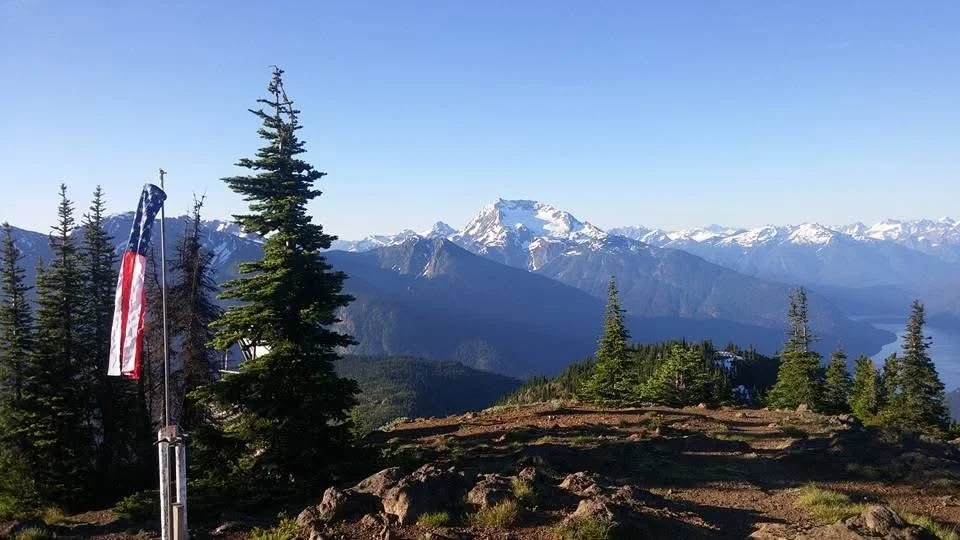 Flagpole with weather vane style American flag stands next to a tall pine tree and beyond a volcano shaped mountain stands tall along a mountain range