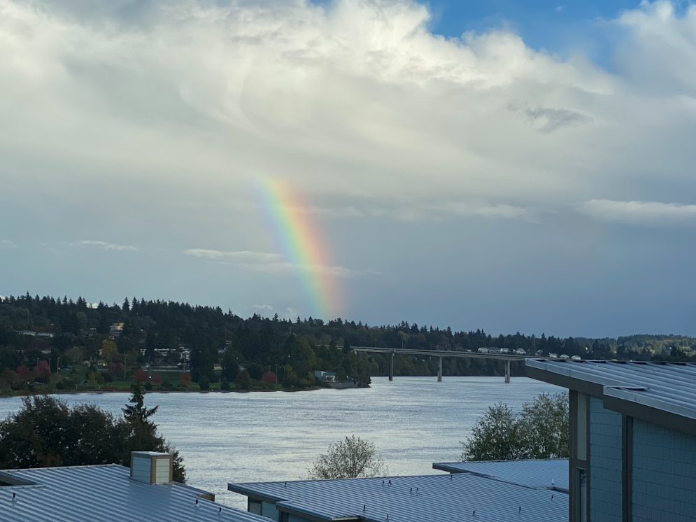 a vivid rainbow dips out of a cloudy sky into a channel of water