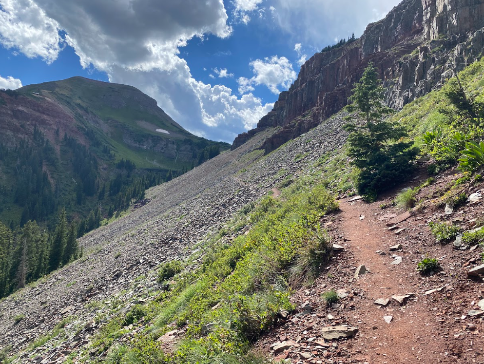 red dirt path along a steep hillside causing the viewer to feel disoriented
