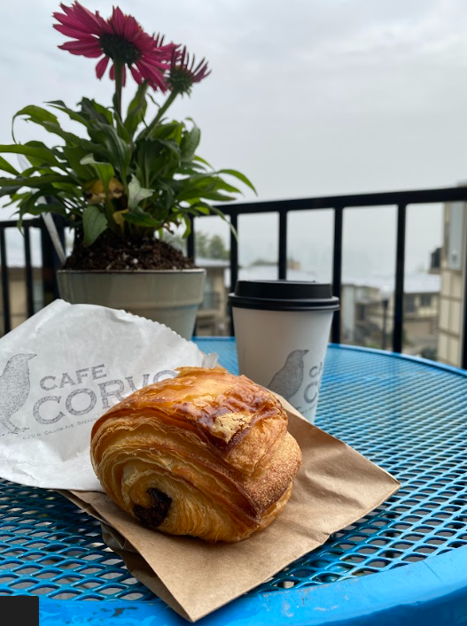 chocolate croissant and paper coffee cup sit by plant on a teal colored outdoor table on a gray day