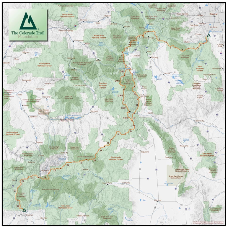 map of the Colorado Trail with segment detail made by The Colorado Trail Foundation