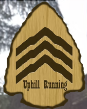 a tan arrowhead with 3 vertical brown chevrons above the title Uphill Running