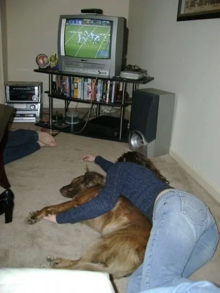 author asleep on floor with her brown dog while a football game appears on a tv beyond her