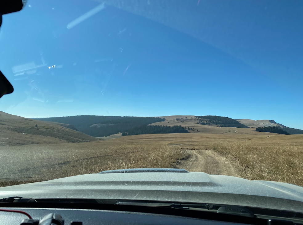 dirt road through dry prairie grass under endless blue sky