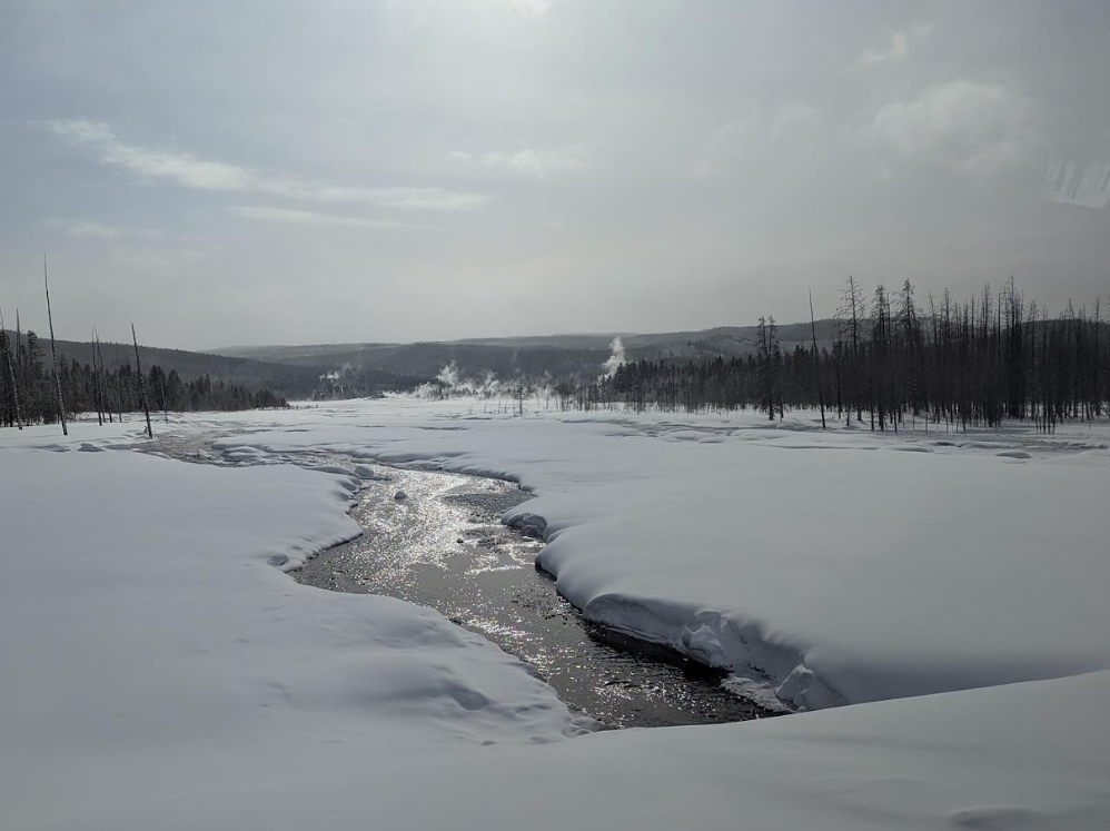 a creek running through a field of snow