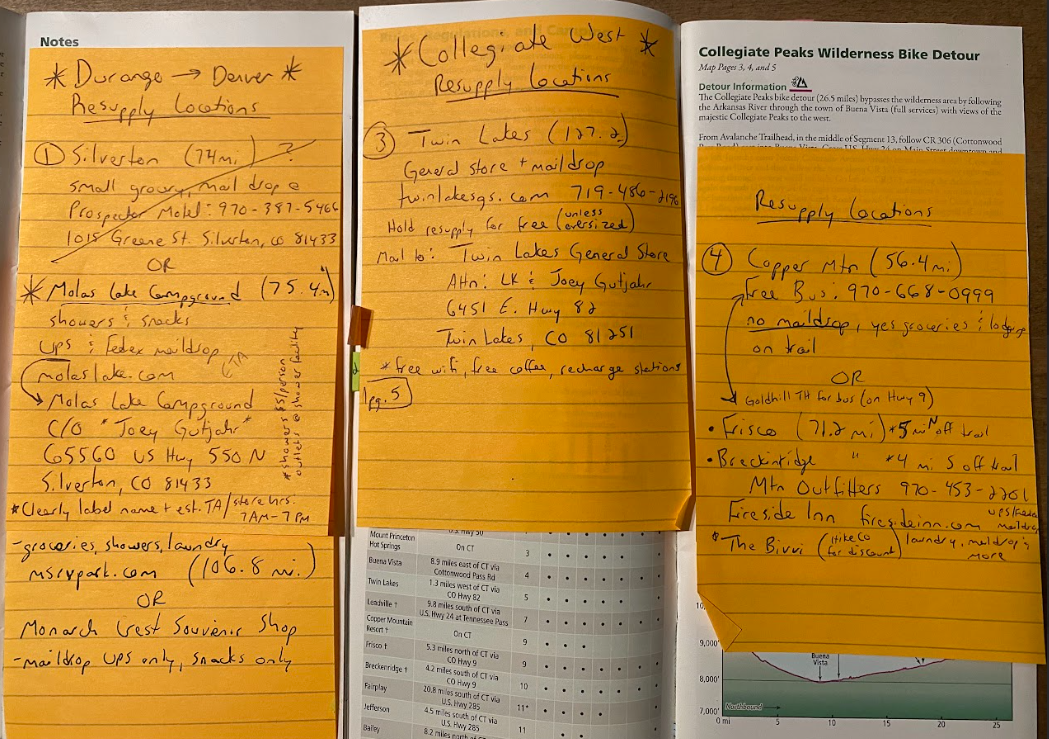 notes about resupply locations along the Colorado Trail written on bright orange sticky notes
