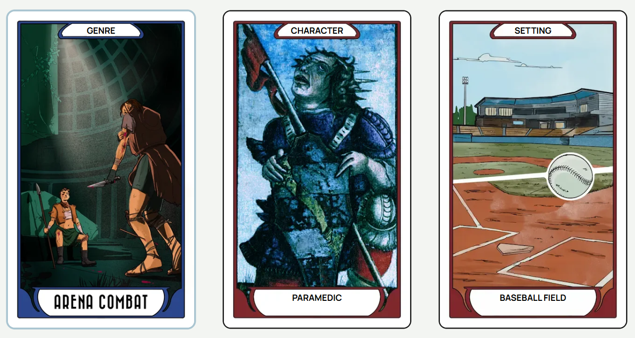 set of three cards from left to right: Genre set at Arena Combat, Character set as a Paramedic, and Setting set as a Baseball Field